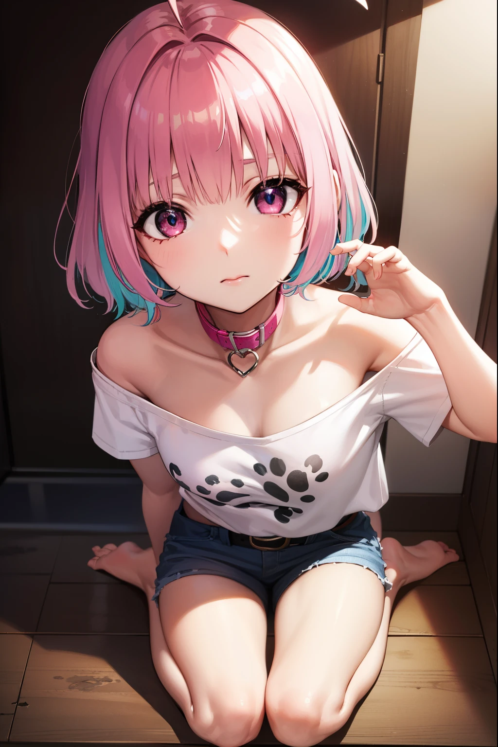 riamuyumemi, riamu yumemi, ahoge, blue hair, hair intakes, multicolored hair, (pink eyes:1.5), pink hair, short hair, two-tone hair,
BREAK (bone print:1.5), bare shoulders, barefoot, belt collar, choker, collarbone, heart, heart collar, heart-shaped lock, jewelry, off shoulder, pink choker, pink collar, ring, shirt, short sleeves, t-shirt,
BREAK looking at viewer, full body,
BREAK indoors,
BREAK (masterpiece:1.2), best quality, high resolution, unity 8k wallpaper, (illustration:0.8), (beautiful detailed eyes:1.6), extremely detailed face, perfect lighting, extremely detailed CG, (perfect hands, perfect anatomy),