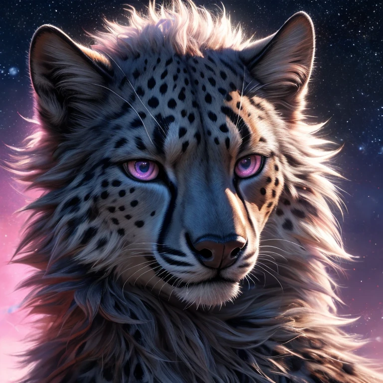 (best quality,4k,8k,highres,masterpiece:1.2),ultra-detailed,(realistic,photorealistic,photo-realistic:1.37),fluffy-haired,beautiful stars in the background,cute gay wolf furry,male,solo,blue fur and pink,cheetah spotted fur,blue and pink eyes,black Tuxedo,fluffy hair