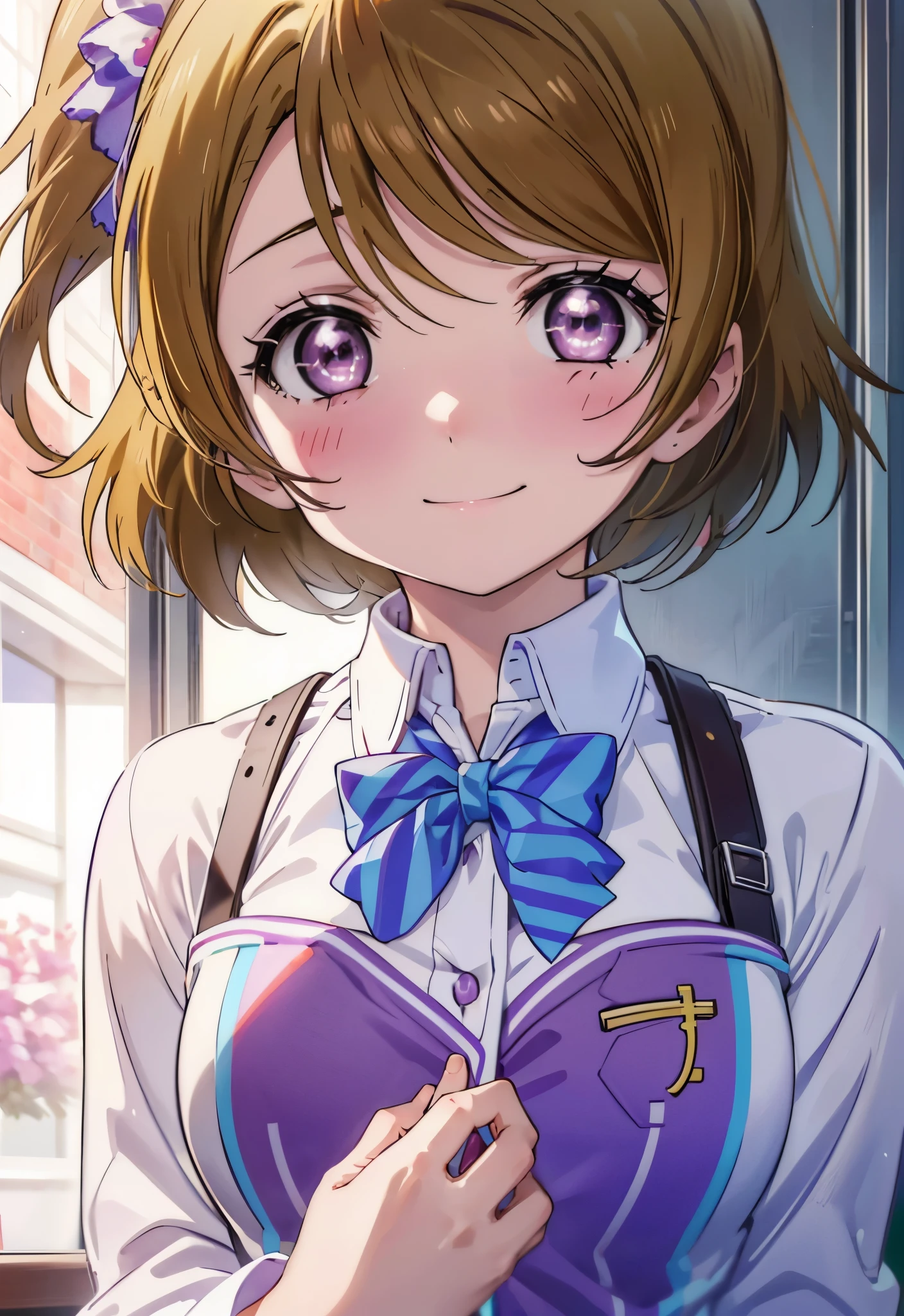 (((pixel perfect, detail perfect))), alone, 1 girl, Hanayo Koizumi, school uniform, looking at the viewer, close your mouth,smile,light brown hair,short hair,purple ruby eyes