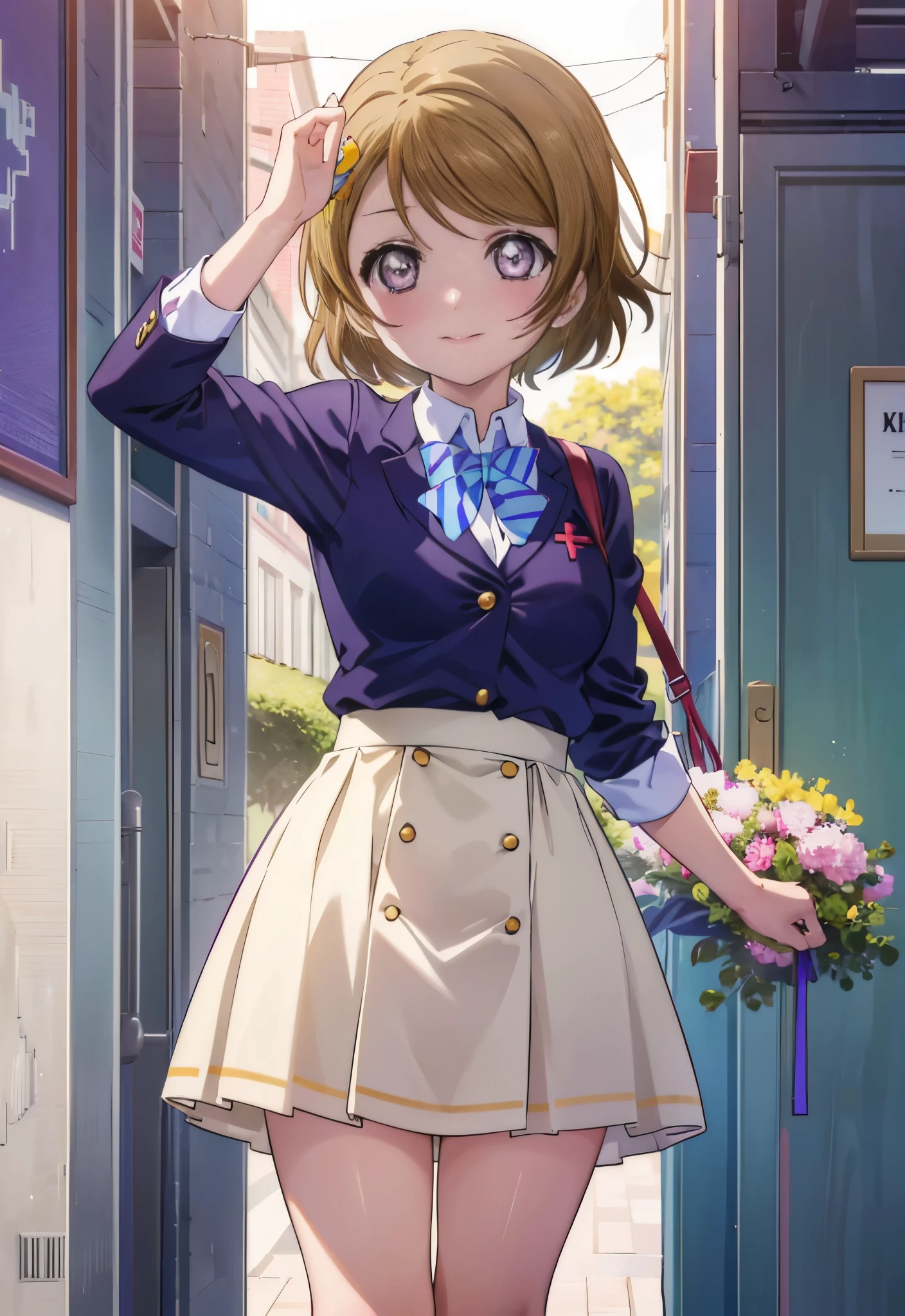 (((pixel perfect, detail perfect))), alone, 1 girl, Hanayo Koizumi, school uniform, looking at the viewer, close your mouth,smile,light brown hair,short hair,purple ruby eyes