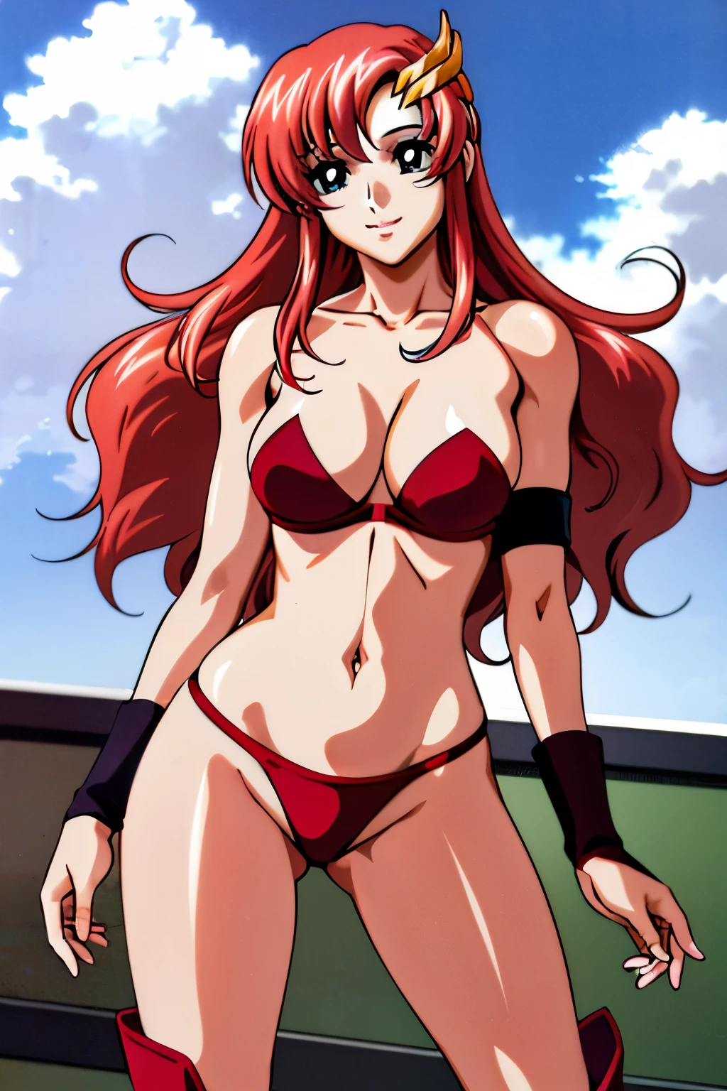 lacus4, (strapless, strapless red bikini, red boots, arm band, groin, medium breasts), (masterpiece, laying on floor, hand stretching, very slim shoulders, 4K, Best Quality, Anime style: 1.9, happy, Adult Woman, (ultra detailed head), (arena, cloud background), Drawing lines, high resolution, lacus4), 1girl, Solo, curvy figure, Long hair, 鎖骨, scapular, (Detailed wide hair bangs, Hair Ornament, Detailed reddish-pink hair, shiny streaks, slim arms, detailed golden crest), cleavage, large hands, (hair cover shoulders). (Big blue eyes, shiny eyes), ((female wrestler, (slim body), standing, slim arms)), ((perfect proportions, long belly)), ((totally red bra, neck band,))), smile, (standing, hot colors), detailed fingers, (bare shoulders)
