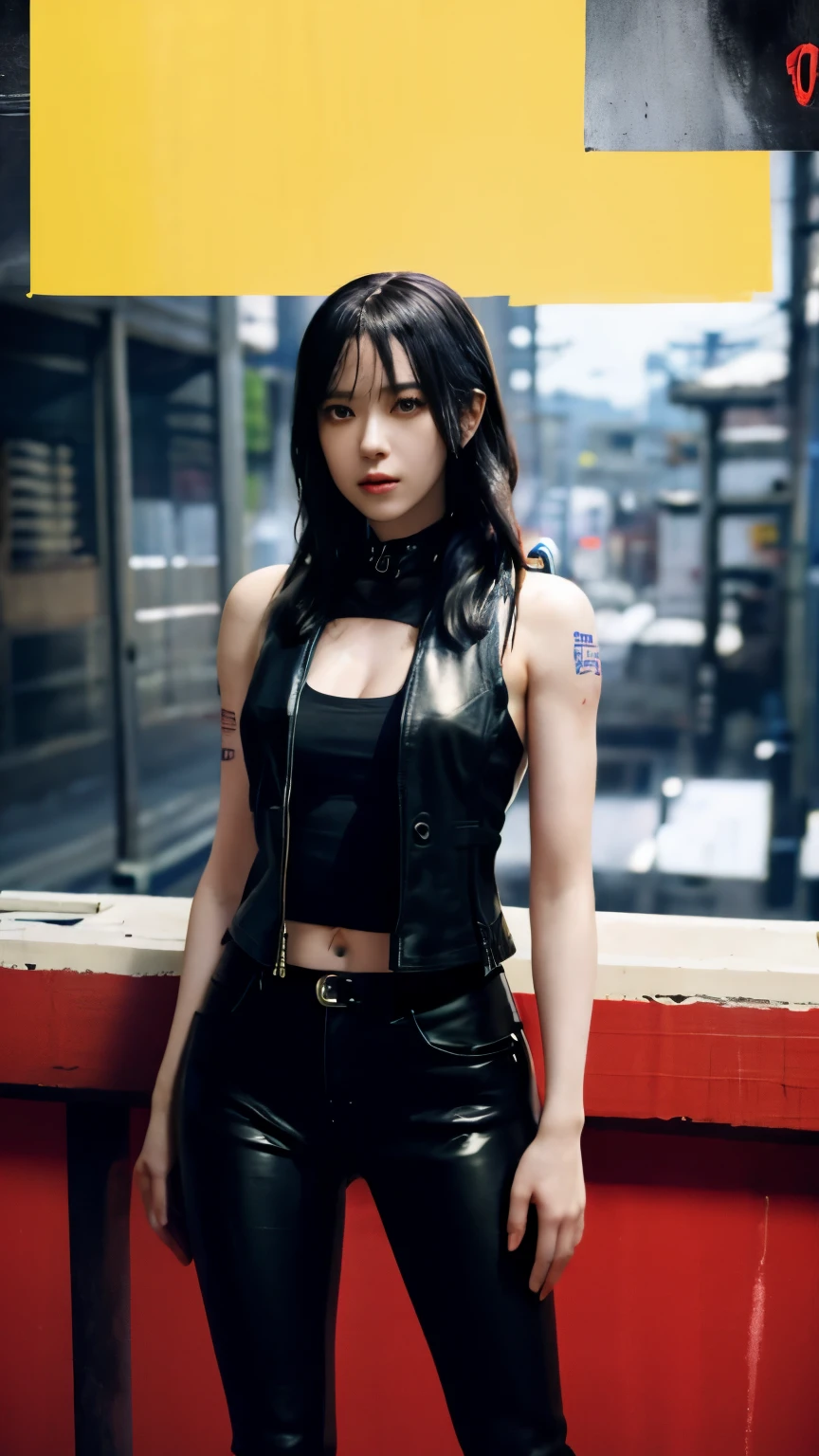 highest quality,masterpiece,Super detailed,8K, UHD,Beautiful woman,japanese woman,Expressionless,(Topless),whole body,((tattoo)),slim,black leather pants,black leather vest,(female mafia),gangster,(cyberpunk city),night,cinematic lightening,movie poster,underworld
