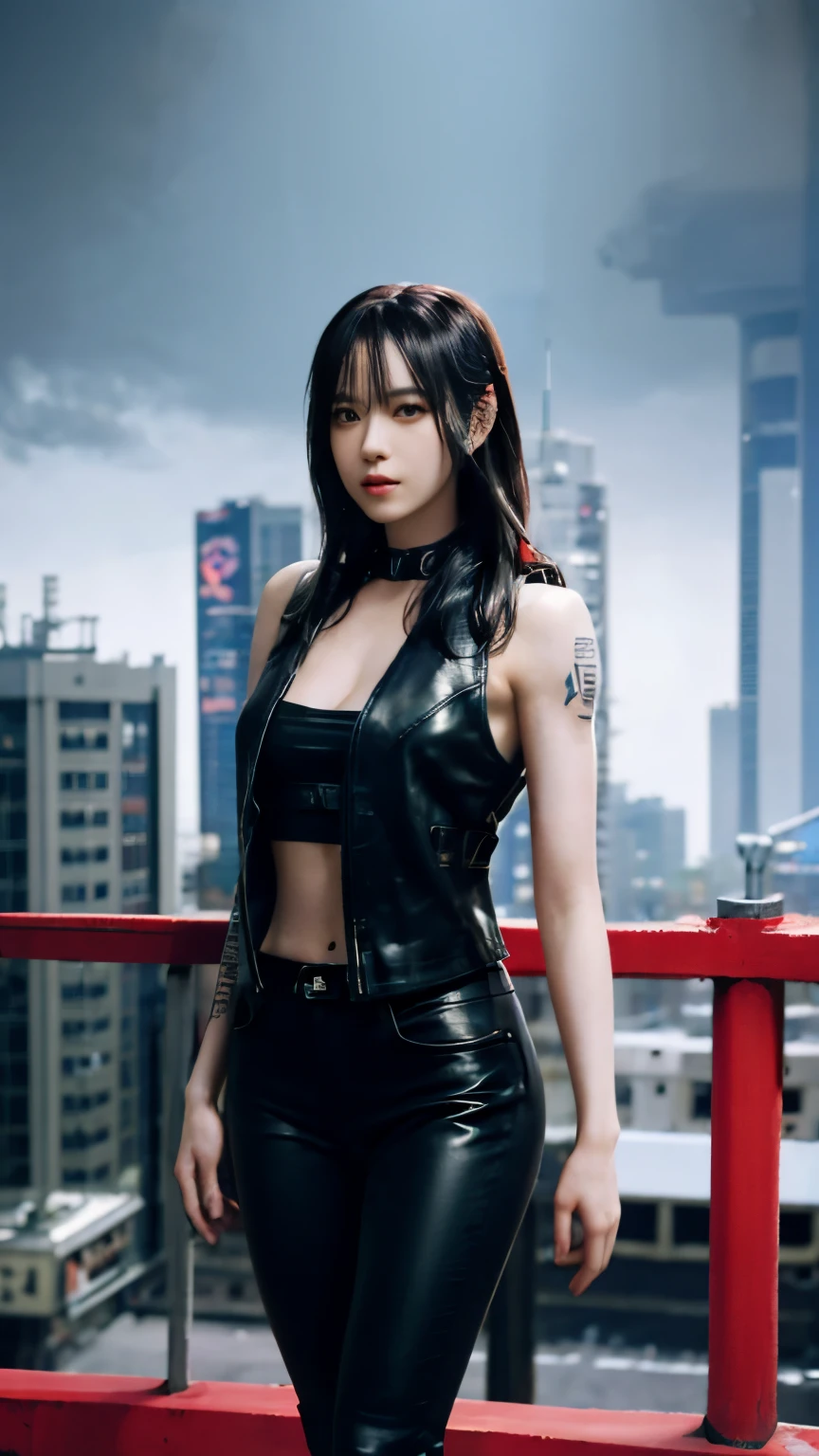 highest quality，masterpiece，Super detailed，8K, UHD，Beautiful woman，japanese woman，Expressionless，(Topless)，whole body，((tattoo))，slim，black leather pants，black leather vest，(female mafia)，gangster，(cyberpunk city)，night，cinematic lightening，movie poster，underworld