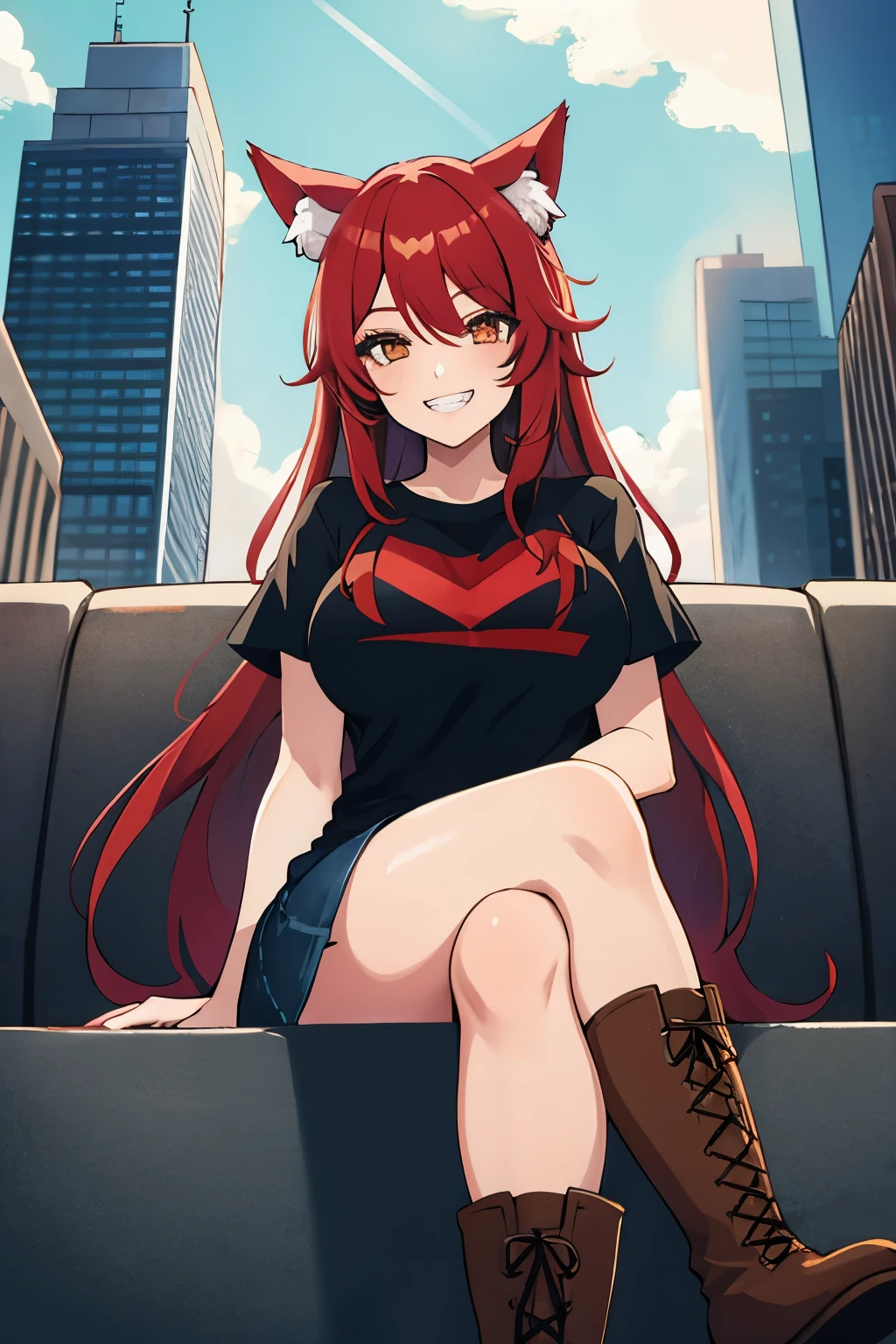 one girl, long hair, red hair, brown eyes, one eye closed,wolf ears ,big breasts,(makeup),(happy smile,clenched teeth, open mouth), hand on chin, t-shirt, denim skirt, long boots,crossed legs,sitting, pov from below,city, shining eyes