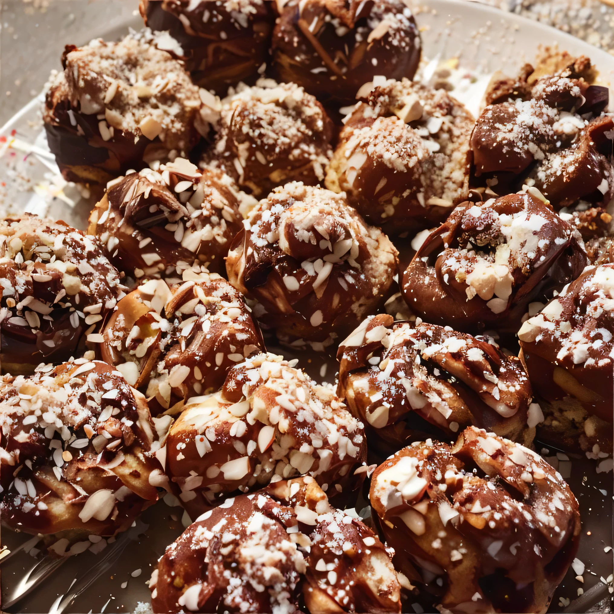 a close up of a plate of food with nuts and powdered sugar, recipe, luscious with sesame seeds, dessert, decadent, yummy, sweet, battered, yum, cannonballs, sugar, salt, mmmmm, version 3, by Susan Heidi, snacks, illinois, restored, rocky roads, food, 3 4 5 3 1, glazed, caramel, italian, homemade