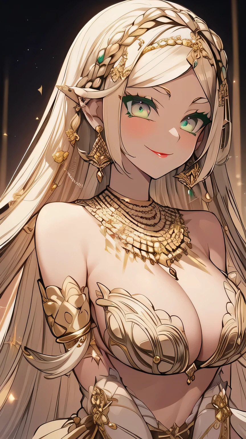 1 beautiful young princess, ((no longer a :1.8 version)), naked, (((Exquisite patterns adorn the skirt: 1.6)),), ((Braided hair with long black bangs: 1.6,)), (((Long bangs cascade down: 1.6)),), (((Hair jewelry shimmers: 1.9)),), (((Upper body gold jewelry twinkles: 1.9)),), (((Very delicate gold necklaces glimmer: 1.7)),), (((Emerald earrings sparkle: 0.8)),), Noble and elegant, a stunningly beautiful girl, super cute, pretty face, thin fur eyebrows, flawlessly beautiful