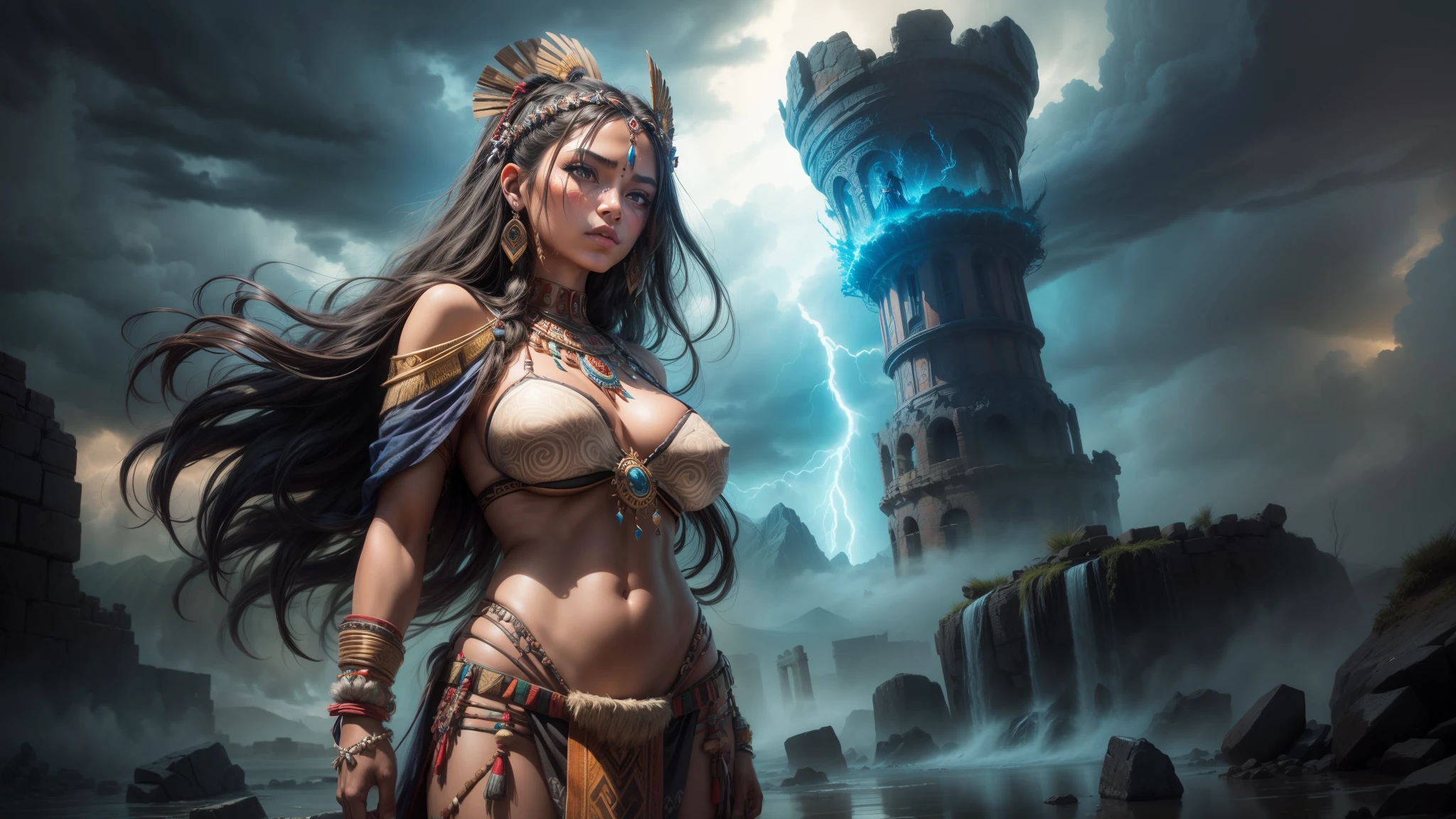 A tribal maiden stands amidst the remnants of an ancient civilization, embracing her heritage. Her eyes reflect wisdom and resilience, while her lips tell stories of ancient legends. The intricate details of her traditional attire, adorned with tribal patterns and vibrant colors, showcase a rich cultural heritage. She stands tall, facing a turbulent storm, symbolizing her inner strength and determination.
The surrounding landscape is veiled in swirling clouds, creating a mysterious and dramatic atmosphere. The composition is dynamic, with elements of both chaos and harmony. The brushstrokes are painterly, adding texture and depth to the image. Every stroke brings the scene to life, capturing the essence of fantasy realism.
The ambiance is captivating yet dark, evoking a sense of both wonder and danger. The tribal maiden's presence amidst the ancient ruins signifies the resilience of her people and their connection to the past. The storm, with its menacing clouds and lightning, adds an element of tension and urgency.
This artwork is a masterpiece, crafted with the best quality and attention to detail. The level of detail is ultra-detailed, with each brushstroke capturing the tribal maiden's features and the intricate patterns on her attire. The result is a realistic and photorealistic representation, where every aspect is meticulously rendered.
The color palette is carefully chosen, reflecting the tribal traditions and the stormy atmosphere. Deep earthy tones dominate, infused with pops of vibrant colors representing the tribal culture. The lighting is atmospheric, casting dramatic shadows and highlighting the tribal maiden's face and figure.
Together, these elements create a captivating and immersive artwork, where the tribal maiden stands as a symbol of strength amidst the remnants of an ancient civilization. The storm and swirling clouds represent the challenges she faces, while the painterly details and fantasy realism invite viewers into a world of wonder and imagination.