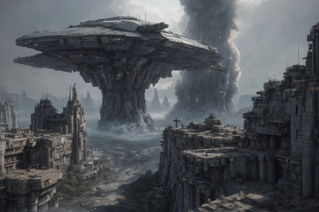 Ultra-realistic 16K CG, masterpiece, Best Composition, Photo quality, work of art, a lot of details, view from above, many waterfalls, deep crevice in the ground, canyon, 8K, very detailed, distant fantasy, cyberpunk, hyper-detailed, crazy details, wet, rain, Moss on the walls, flowers, flood, a bomber is flying in the foreground, against the backdrop of a beautiful futuristic fantasy city in the style of Coruscant from Star Wars by John Lucas, war, there is a battle going on, the city is attacked by sky dreadnoughts, fire from the sky, Explosions, buildings are burning, rays from tracer shells in the sky, a downed dreadnought is burning in the background, debris, there is a battle going on, fog, Science fiction, Huge fantastic skyscrapers in the background, space elevator towers, very high background detail, A lot of small details, A busy street, a lot of passers-by, the sky is gloomy from burning, molten metal flows into water, fuel burns in water., two soldiers escort a , neck collar with chain
