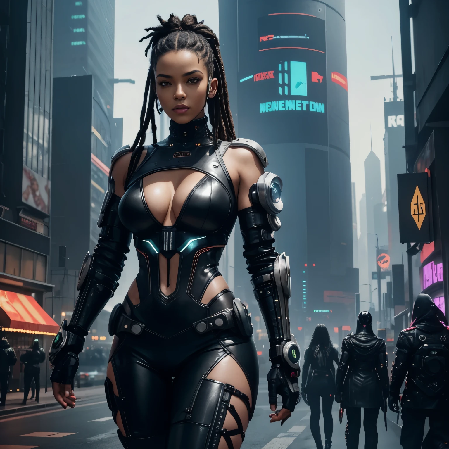 femme noire, sweat à capuche, dreadlocks, cheveux blancs, latex, sur le toit, Android, néons, Cyberpunk city, hyper réaliste, meilleure qualité, mécha, androïde, Cyberpunk, cyber, science-fiction, cyber-brasor, Style évangélique, cyber-bras, corps féminin musclé, masque cyber-gaz, Futuristic Cyberpunk city, armure cybernetic, 