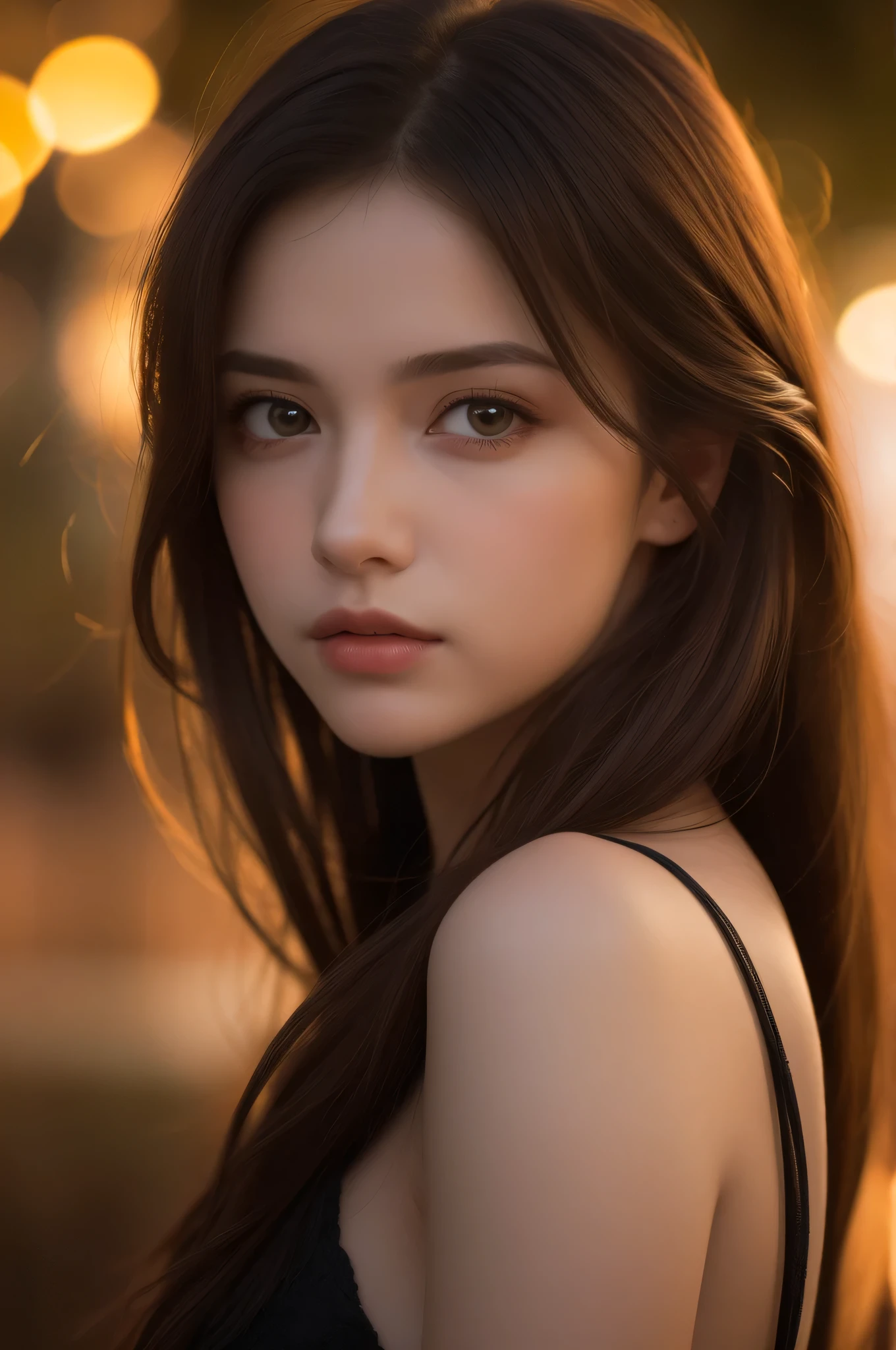 (best quality), (ultra-detailed), (llustration), (detailed light), (an extremely delicate and beautiful), 1young girl, long hair, brown hair, brown eyes, model, Enchanting, Sublime, Ethereal, Sorrow, confusion, best quality, fantastic, extremely detailed CG unified 8k wallpaper, High-definition raw color photos, professional photograpy, (((Bokeh))), twilight, Golden hour, Backlighting, depth of fields,