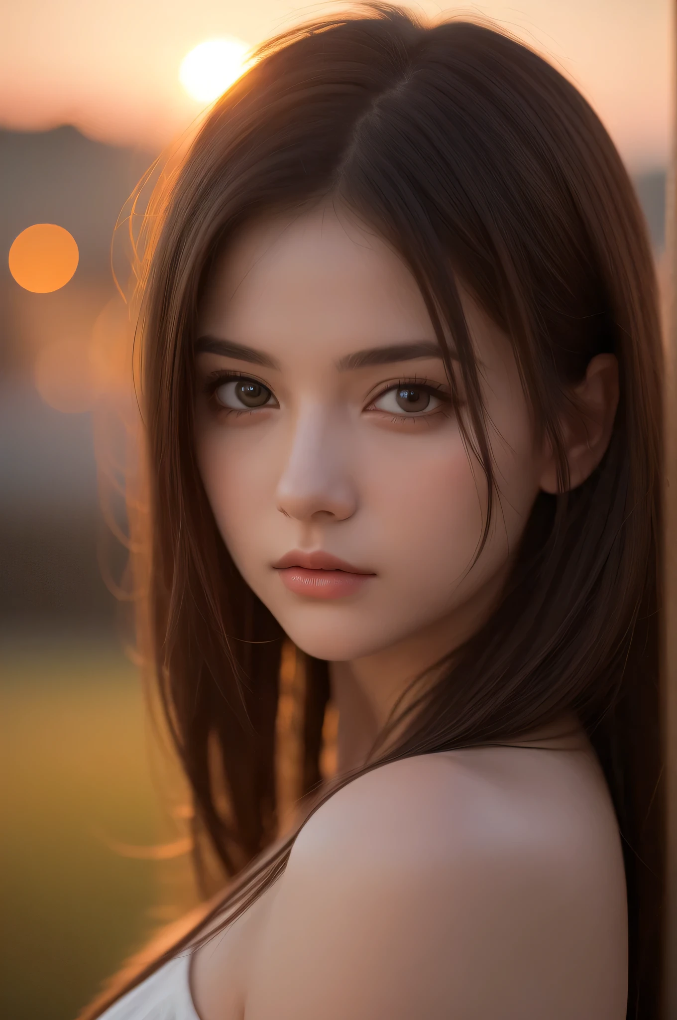 (best quality), (ultra-detailed), (llustration), (detailed light), (an extremely delicate and beautiful), 1young girl, long hair, brown hair, brown eyes, model, Enchanting, Sublime, Ethereal, Sorrow, confusion, best quality, fantastic, extremely detailed CG unified 8k wallpaper, High-definition raw color photos, professional photograpy, (((Bokeh))), twilight, Golden hour, Backlighting, depth of fields,