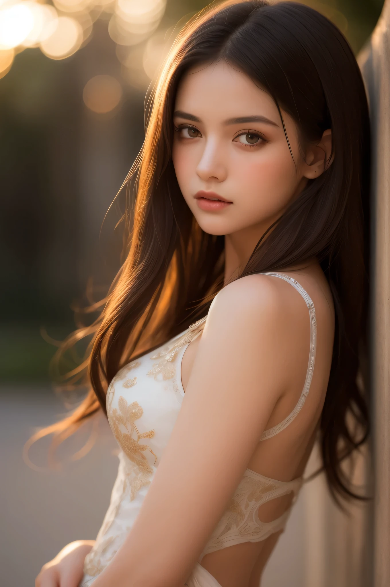 (best quality), (ultra-detailed), (llustration), (detailed light), (an extremely delicate and beautiful), 1ung girl, long hair, brown hair, brown eyes, model, Enchanting, Sublime, Ethereal, Sorrow, confusion, best quality, fantastic, extremely detailed CG unified 8k wallpaper, High-definition raw color photos, professional photograpy, (((Bokeh))), twilight, Golden hour, Backlighting, depth of fields,