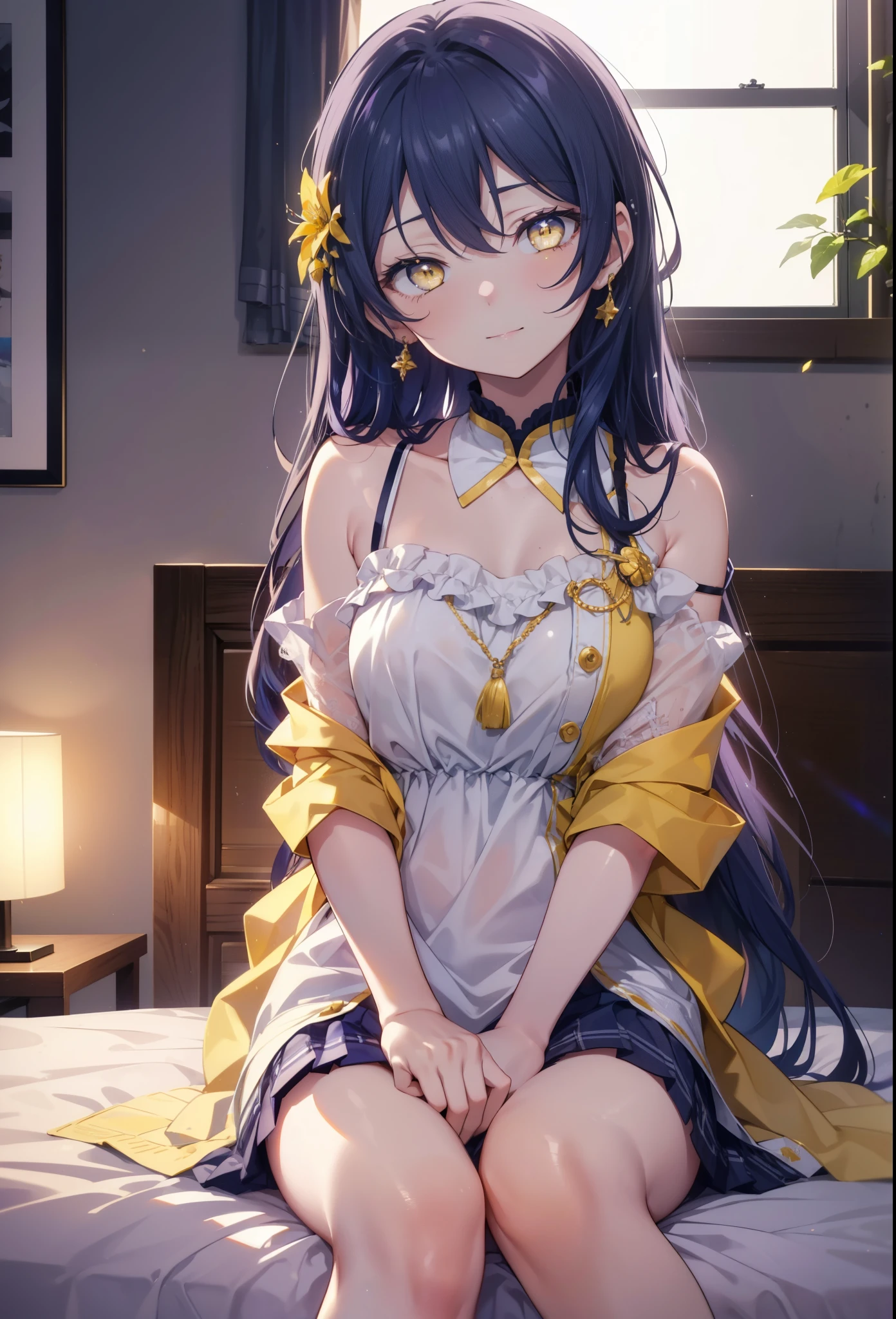 Kamisonoda, Umi Sonoda, long hair, blue hair, (yellow eyes:1.5) (flat chest:1.2),One girl sleeping with her eyes closed，smile，Bedroom，the light goes out， covered with a blanket， windows，ロマンチックなmorning日,morning,extreme light，
break indoors, Bedroom, 
break (masterpiece:1.2), highest quality, High resolution, unity 8k wallpaper, (figure:0.8), (beautiful and fine eyes:1.6), highly detailed face, perfect lighting, Very detailed CG, (perfect hands, perfect anatomy),