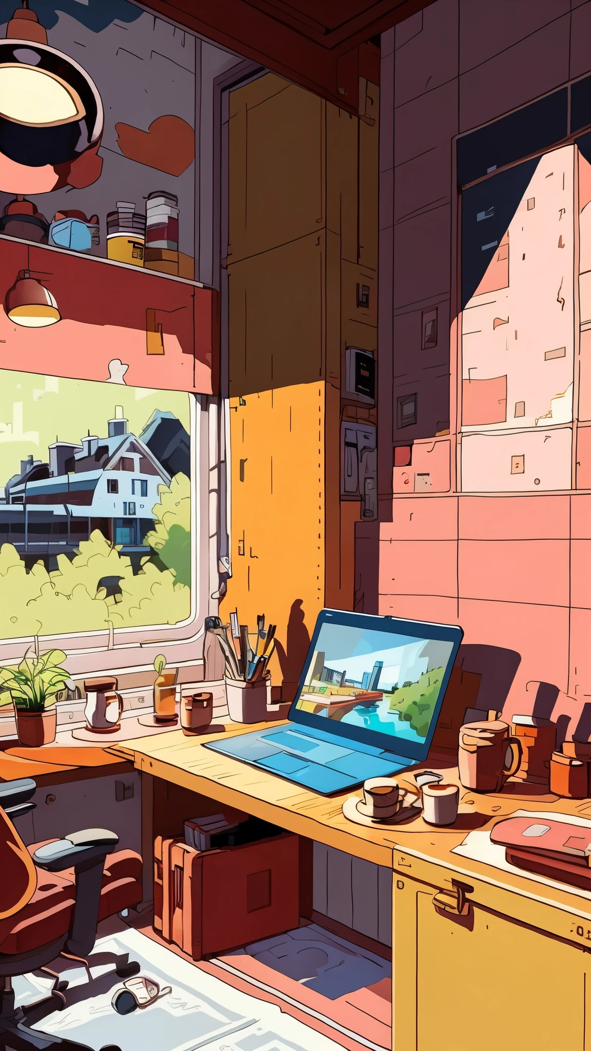 cartoon of a desk with a computer and a monitor in a room, cozy home background，Greenery，Blade details，coffee mug，nerds，picture frames，Simple and crisp，Detailed 2D illustration, interior background art, Anime background art, intricated details，office backdrop, corner office background, Epic composition，Complicated details，Complex design，ultra detailed，art stations，high definition, masterpiece