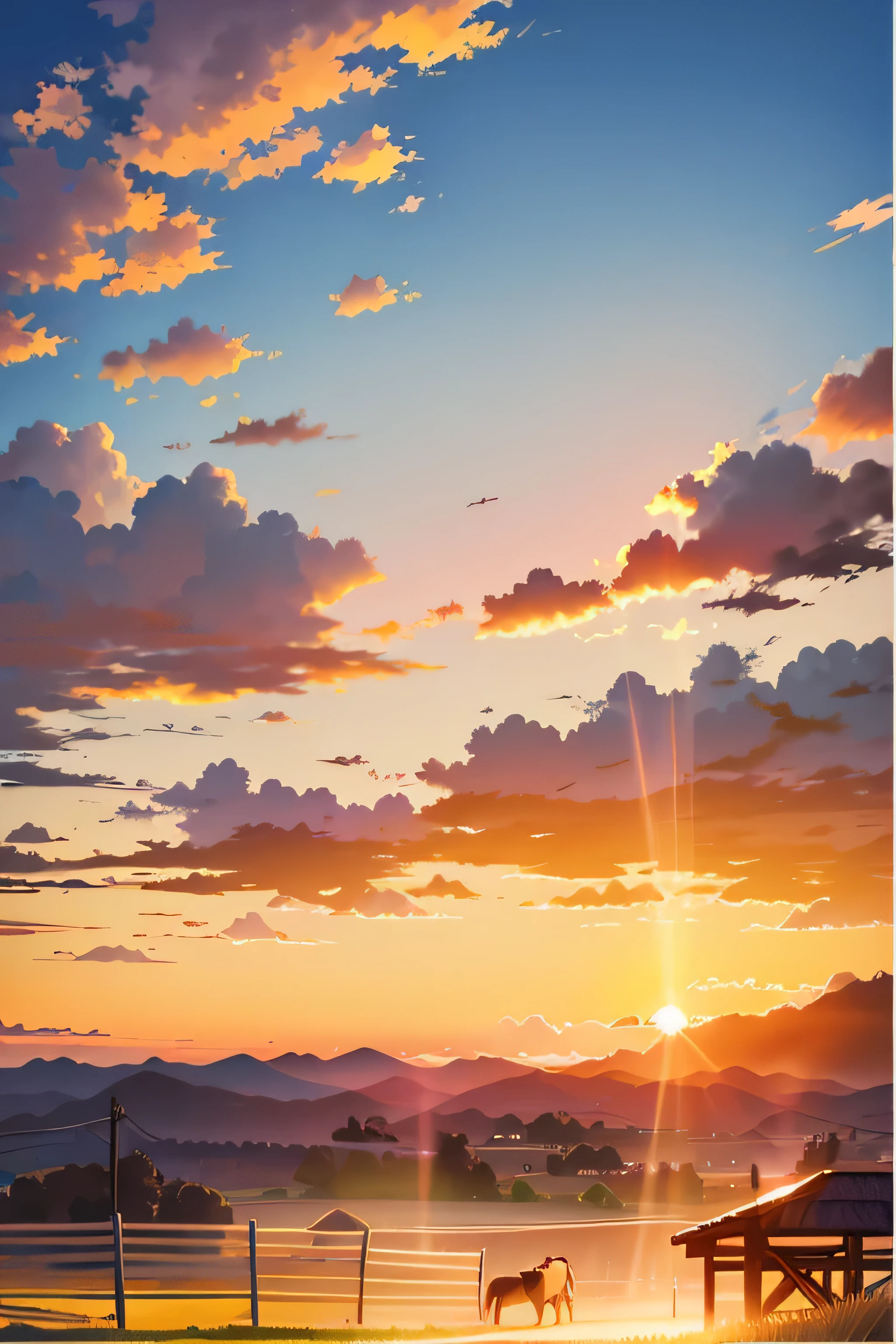 sunset over a field with a fence and a horse in the foreground, anime clouds, anime background, anime sky, detailed scenery —width 672, beautifull puffy clouds. anime, anime background art, sunset illustration, sunset background, anime landscape wallpaper, made with anime painter studio, anime art wallpaper 8 k, anime beautiful peace scene, beautiful anime scenery
