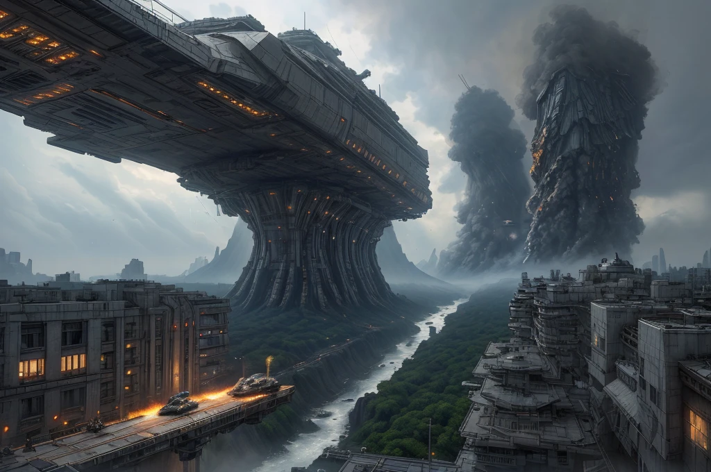 Ultra-realistic 16K CG, masterpiece, Best Composition, Photo quality, work of art, a lot of details, view from above, many waterfalls, deep crevice in the ground, canyon, 8K, very detailed, distant fantasy, cyberpunk, hyper-detailed, crazy details, wet, rain, Moss on the walls, flowers, flood, a bomber is flying in the foreground, against the backdrop of a beautiful futuristic fantasy city in the style of Coruscant from Star Wars by John Lucas, war, there is a battle going on, the city is attacked by sky dreadnoughts, fire from the sky, Explosions, buildings are burning, rays from tracer shells in the sky, a downed dreadnought is burning in the background, debris, there is a battle going on, fog, Science fiction, Huge fantastic skyscrapers in the background, space elevator towers, very high background detail, A lot of small details, A busy street, a lot of passers-by, the sky is gloomy from burning, molten metal flows into water, fuel burns in water., two soldiers escort a slave, neck collar with chain