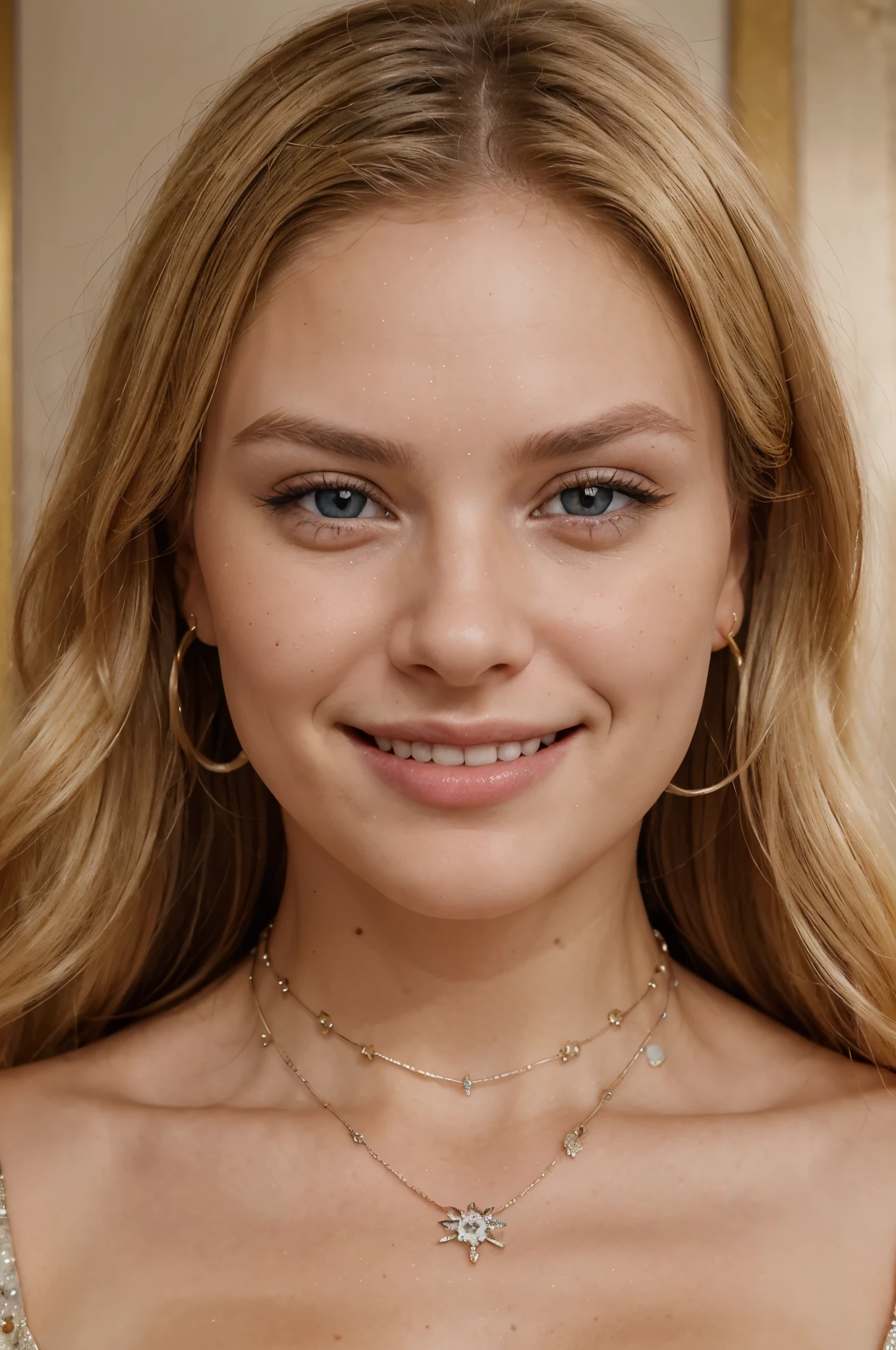 close portrait of a beautiful blonde woman, ((smile expression)), detailed eyes, detailed face, 3/4 shot, looking at viewer, beautiful eyes, (dimples, big lips:1. 2), wearing a dazziling detailed necklace necklace, (real perspectives)