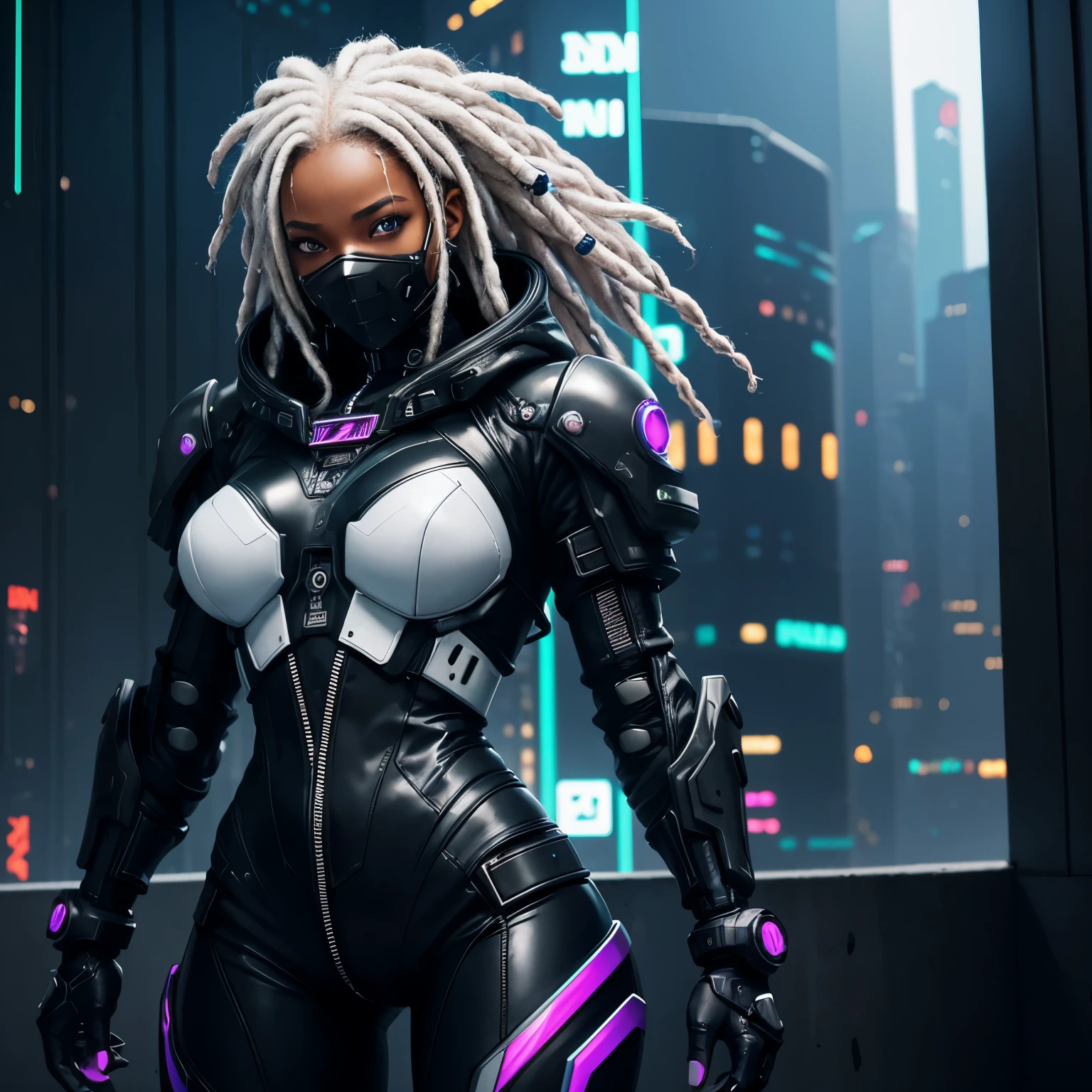 Black woman, hoody, dreadlocks, white hair, latex, on the roof, Android, neon lights, cyberpunk city, hyper realistic, best quality, mécha, Androïde, cyberpunk, cyber, Sci-fi, cyber armor, Evangelion style, cyber arm, muscular feminine body, cyber gaz mask on