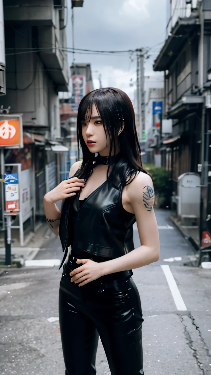 highest quality，masterpiece，Super detailed，8K, UHD，Beautiful woman，japanese woman，Expressionless，(Topless)，whole body，((tattoo))，slim，black leather pants，black leather vest，(female mafia)，gangster，(cyberpunk city)，night，cinematic lightening，movie poster，underworld