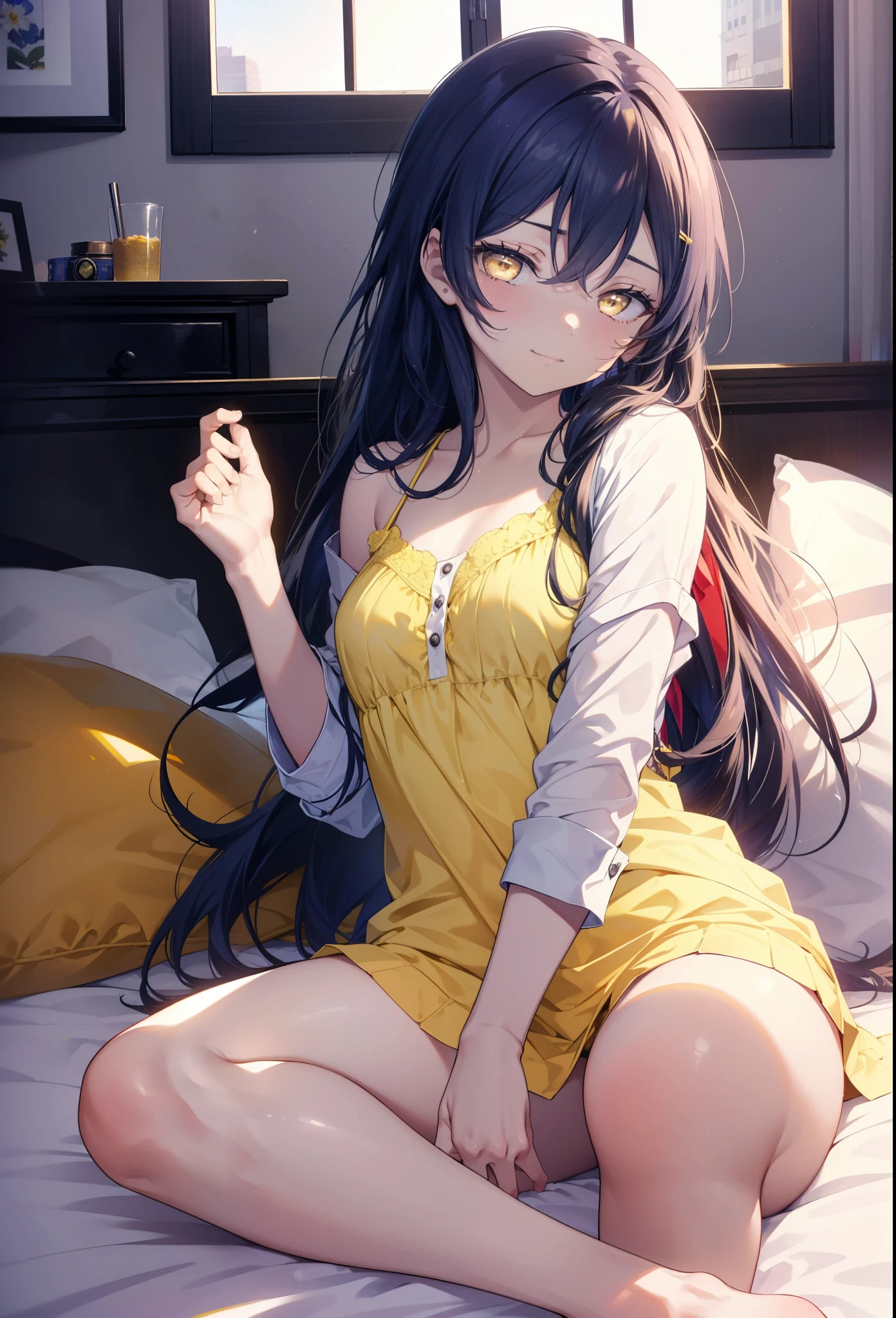 Kamisonoda, Umi Sonoda, long hair, blue hair, (yellow eyes:1.5) (flat chest:1.2),One girl sleeping with her eyes closed，Waking up,sleepy,A slightly open big shirt,black string underwear,barefoot,smile，Bedroom，the light goes out， covered with a blanket， windows，ロマンチックなmorning日,morning,extreme light，
break indoors, Bedroom, 
break (masterpiece:1.2), highest quality, High resolution, unity 8k wallpaper, (figure:0.8), (beautiful and fine eyes:1.6), highly detailed face, perfect lighting, Very detailed CG, (perfect hands, perfect anatomy),