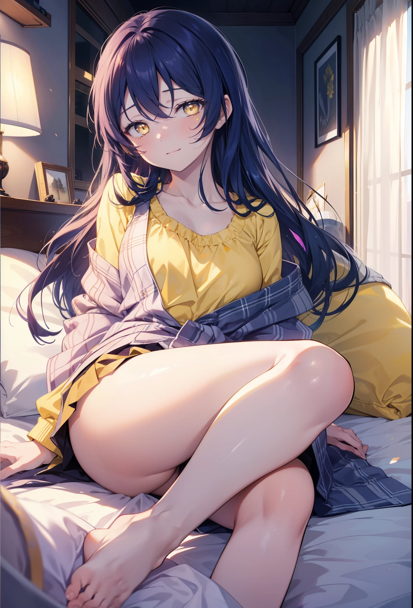 Kamisonoda, Umi Sonoda, long hair, blue hair, (yellow eyes:1.5) (flat chest:1.2),One girl sleeping with her eyes closed，Waking up,sleepy,A slightly open big shirt,black string underwear,barefoot,smile，Bedroom，the light goes out， covered with a blanket， windows，ロマンチックなmorning日,morning,extreme light，
break indoors, Bedroom, 
break (masterpiece:1.2), highest quality, High resolution, unity 8k wallpaper, (figure:0.8), (beautiful and fine eyes:1.6), highly detailed face, perfect lighting, Very detailed CG, (perfect hands, perfect anatomy),