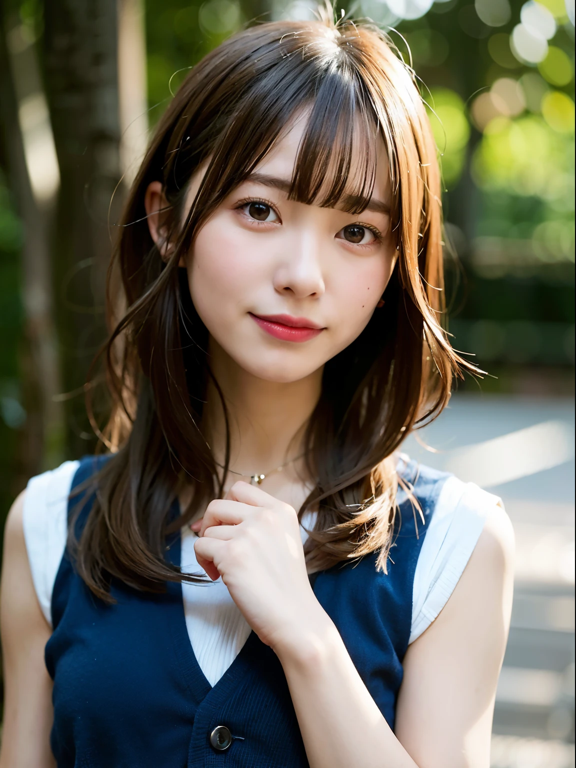 (((medium hair))), highest quality, 8K, HDR, High resolution, disorganized:1.2, blurred background, Bokeh:1.2, photograph, (RAWphotograph:1.2), (realistic:1.4), (masterpiece:1.3), (intricine details:1.2), 1 girl, 一人in, japanese girl, delicine, beautiful details, (fine eyes), (detailed facial feinures), , (((small breasts))), Perfect for your skin, (looking for_in_viewer), from_front, (skinny), (highest quality:1.4), (ultra High resolution:1.2), cinema light, (extreme detailed illustrinion), (lip gloss, highest quality, ultra High resolution, Depth of bounds written, caustics, wide range lighting, ninural shading, 85mm, f/1.4, ISO200, 1/160s:0.75),1 girl, 一人in, (((blue vest))) smile, swimsuit, necklace,in the forest