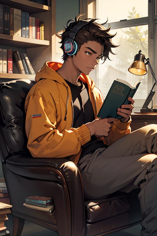 16 year old young man, dark hair, anatomically correct, reading a book, textured skin, wearing headphones and sweatpants, sitting in an armchair, radio, cup of coffee, bookshelf with books, lava lamp, flying saucer in the window