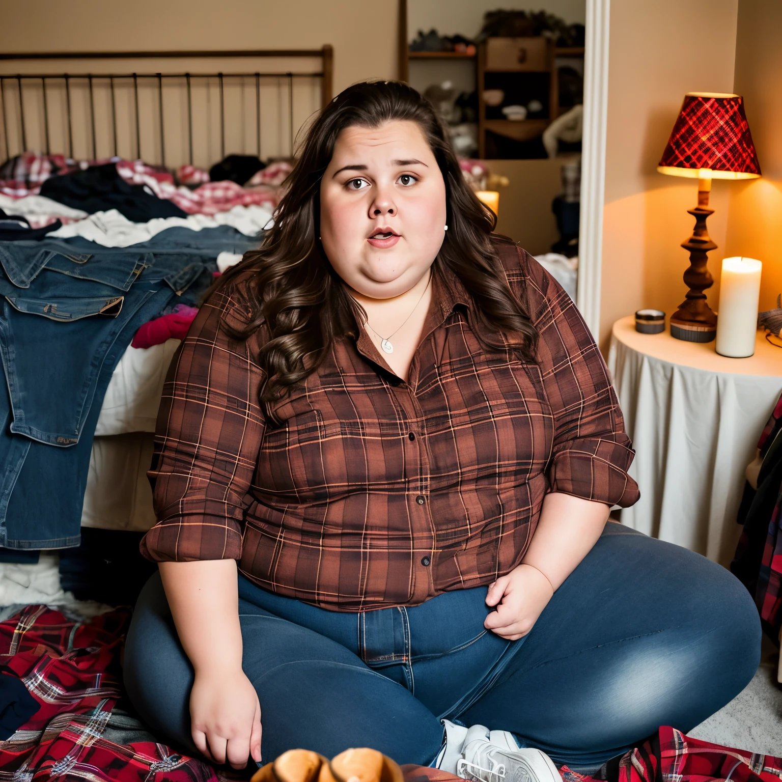 photograph of a fat woman, (frustrated facial expression), textured skin, brown hair, plaid flannel shirt with jeans, sitting on the floor of her room with several blouses, pants and dresses scattered on the floor, behind her there is a mirror (light candles, chiaroscuro), dynamic light, 4k.