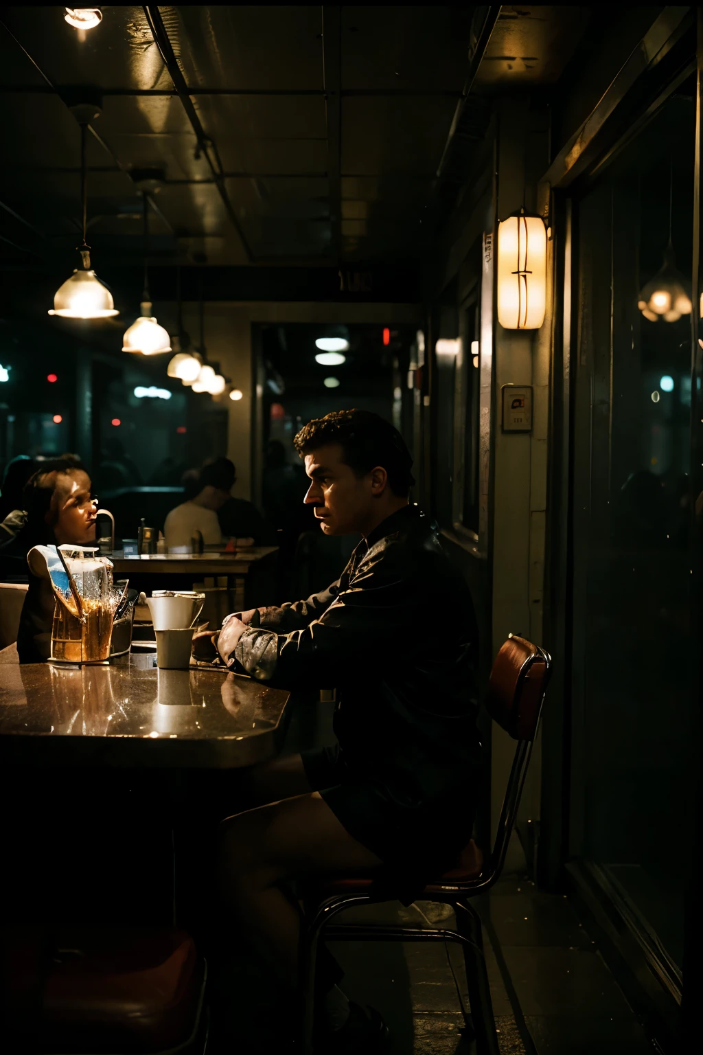 several people in diner, sitting at counter alone , at night looking isolated and alienated, cinematic, street photography, slightly out of focus, shot from outside in, shot through light rain
