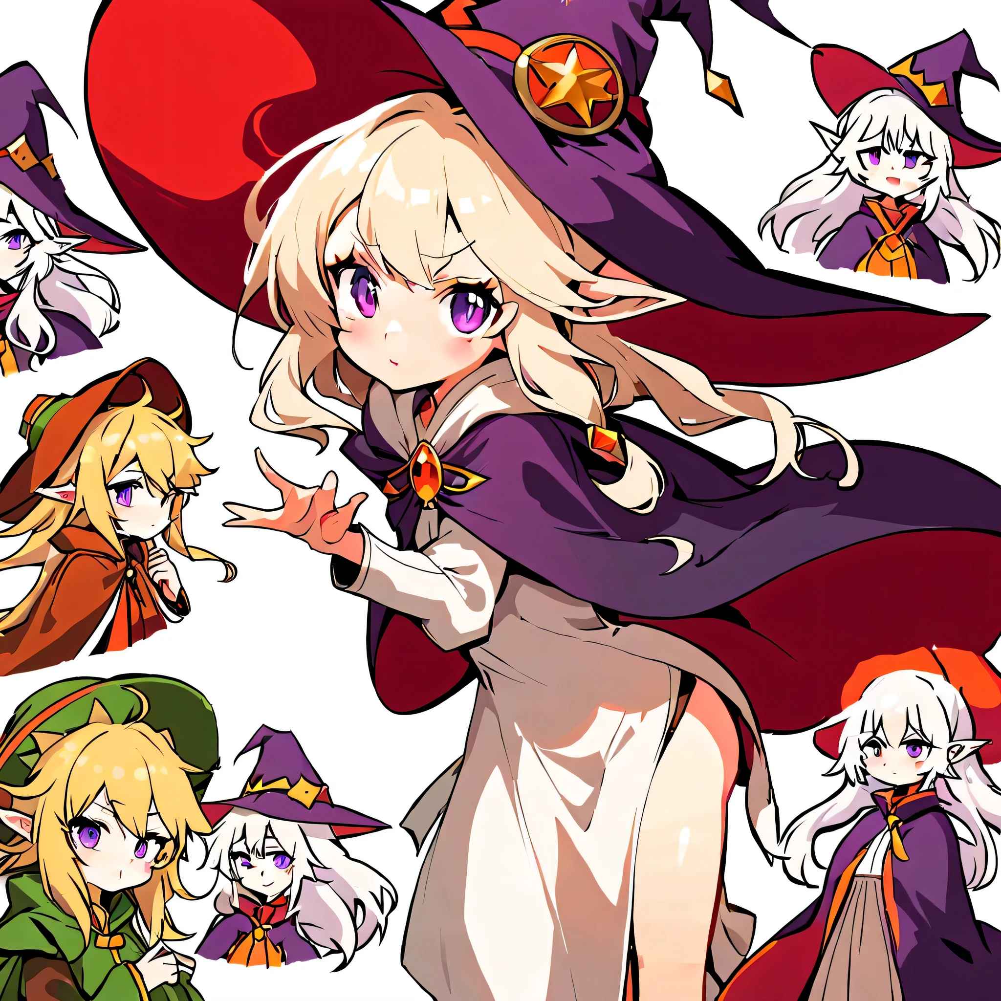 tiny female pixie in flowing robes, mischiveous expression((concept art of character)),((CharacterDesignSheet、Same character)),expert high detail concept art,interesting character design,Girl in the fantasy world of Middle World, big witch hat,long white hair,albino with purple eyes, pale skin, floating, elf ears, eldritch fey, anime style