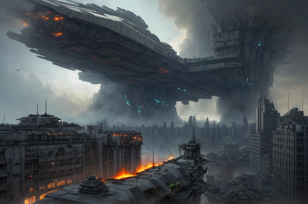 Ultra-realistic 16K CG, masterpiece, Best Composition, Photo quality, work of art, a lot of details, view from above, many waterfalls, deep crevice in the ground, canyon, 8K, very detailed, distant fantasy, cyberpunk, hyper-detailed, crazy details, wet, rain, Moss on the walls, flowers, flood, a bomber is flying in the foreground, against the backdrop of a beautiful futuristic fantasy city in the style of Coruscant from Star Wars by John Lucas, war, there is a battle going on, the city is attacked by sky dreadnoughts, fire from the sky, Explosions, buildings are burning, rays from tracer shells in the sky, a downed dreadnought is burning in the background, debris, there is a battle going on, fog, Science fiction, Huge fantastic skyscrapers in the background, space elevator towers, very high background detail, A lot of small details, A busy street, a lot of passers-by, the sky is gloomy from burning, molten metal flows into water, fuel burns in water., two soldiers escort a slave, neck collar with chain
