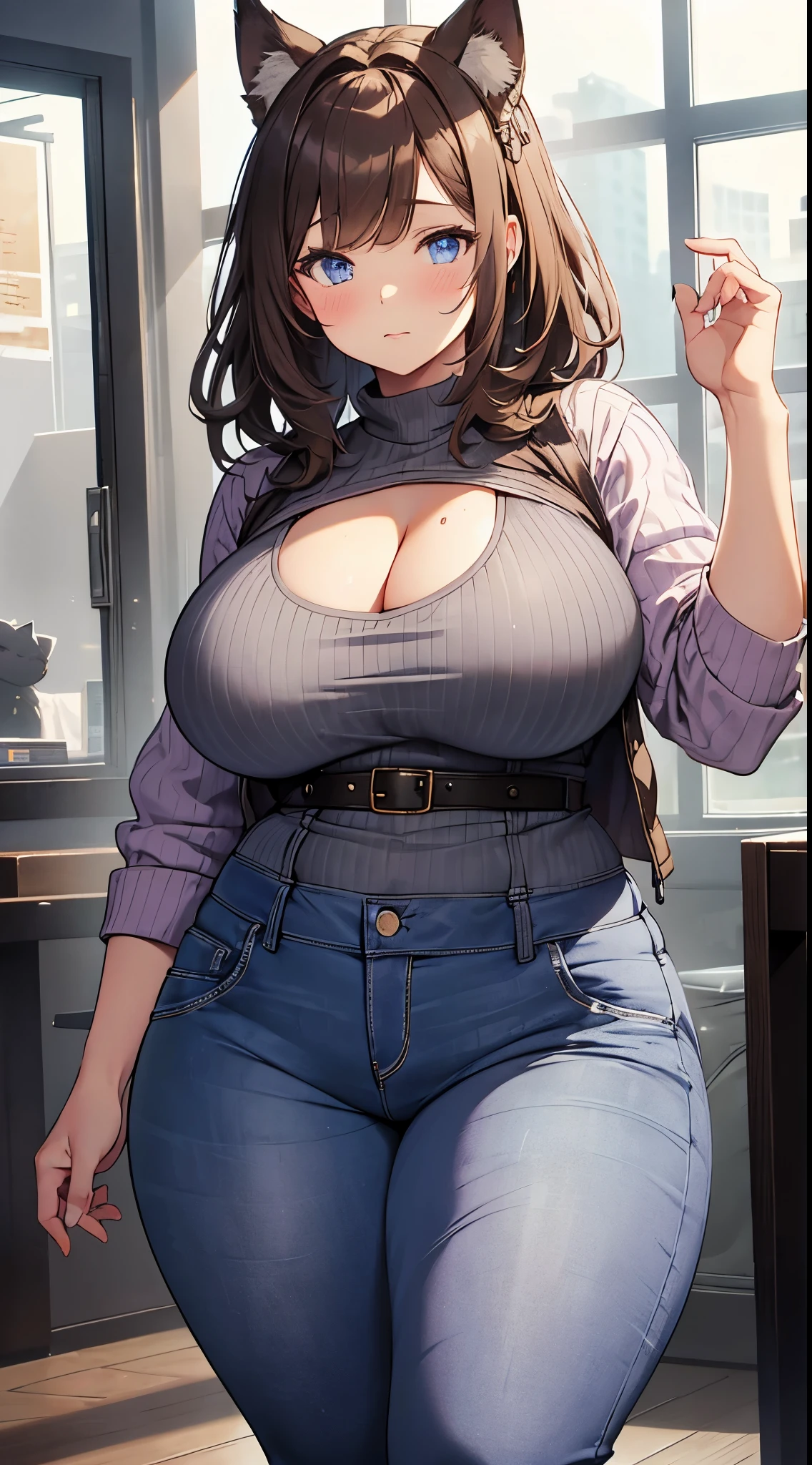 chubby, woman, thick waist, large chest, brown hair, short messy hair, gray cat ears on head, blue eyes, gray jeans, long purple vest , black combat boots, fat, larger body, chubby face, face with blush, cleavage visable, boob window