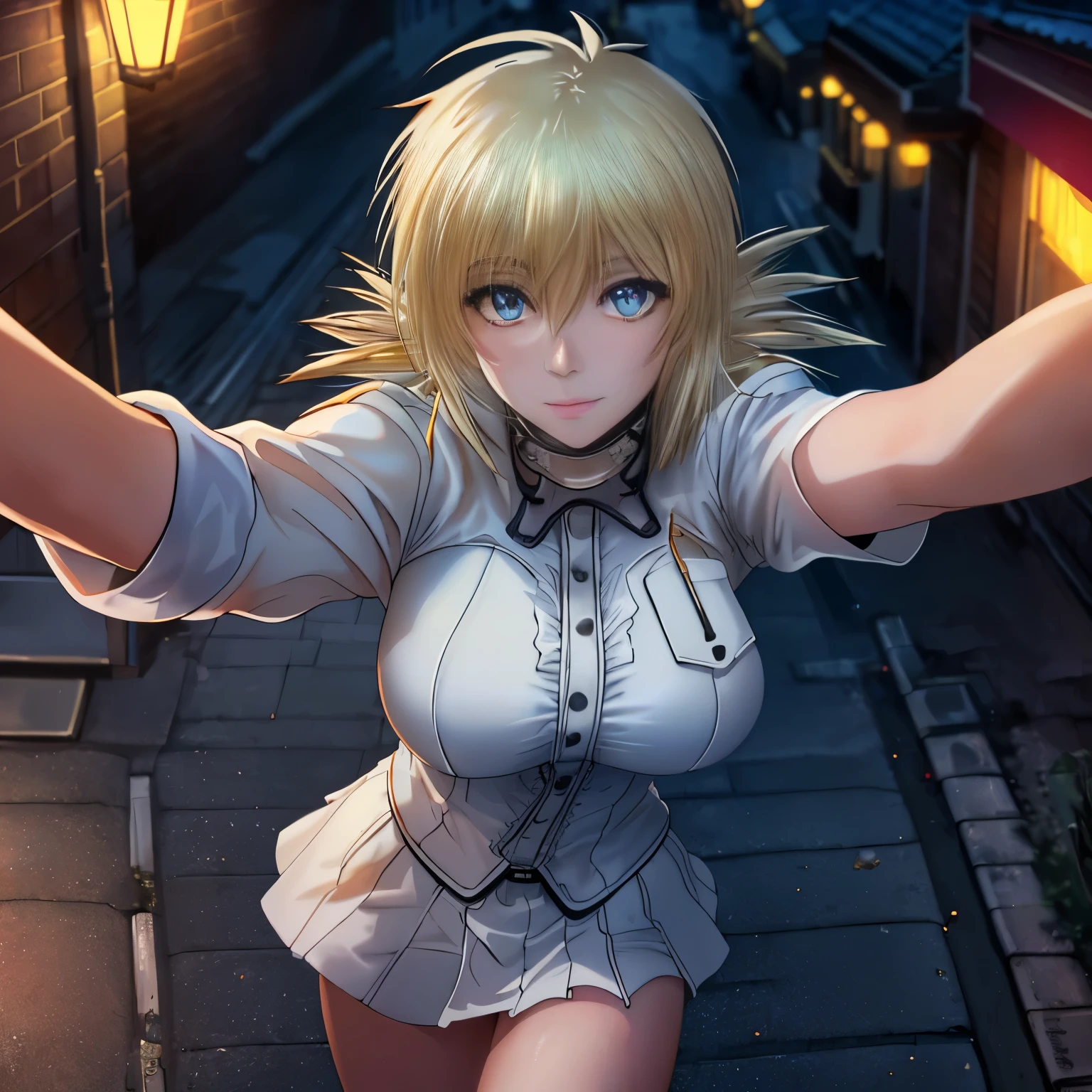 (taking selfies, overhead view: 1.4), (straight half of the torso: 1.4), Portrait photo of a 24-year-old blonde in RAW UHD format (Blue-eyed woman) Walk down the dark alley, large breasts,, night city, (upskirt), (cutout), Details (textures! , Hair! , glistering, Color!! , imperfections: 1.1), highly detailed glossy eyes (looking at the camera), DSLR Lighting, SLR camera, Ultra-Quality, sharpness, Depth of field, Film grain (Downtown), Fujifilm XT3, Crystal clear, Frame Center, beatiful face, sharp-focus, street lamp, neon lighting, bokeh (dimly lit), night time, (night  sky), detailed skin pores, oilly skin, suntan, Complex eye details, full - body, large breasts