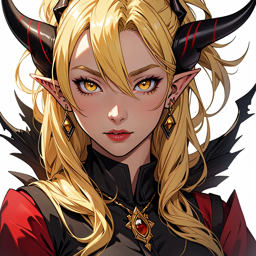anime, masterpiece, best quality, by professional artist, 1girl, female, solo, upper body portrait, detailed composition, detailed eyes, detailed hair, white background, blonde hair, yellow eyes, black devil horns, wearing black and red magical outfit, elf, lipstick, earrings