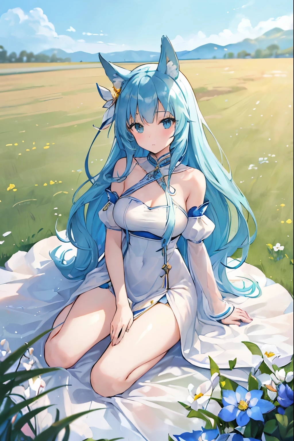 masterpiece, 1girl, lyria, (ahoge), blue eyes, blue hair, very long hair, (white dress), armpits, short dress, wind lift, no panties, embarrassed, blush, open mouth, strapless