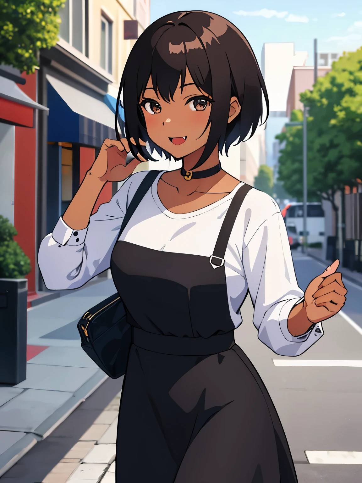 Obra maestra, la mejor calidad, Anime illustration of a girl with short hair and dark brown skin who has a long fang coming out of her mouth while smiling sweetly, she wears a casual dress and is on a street 