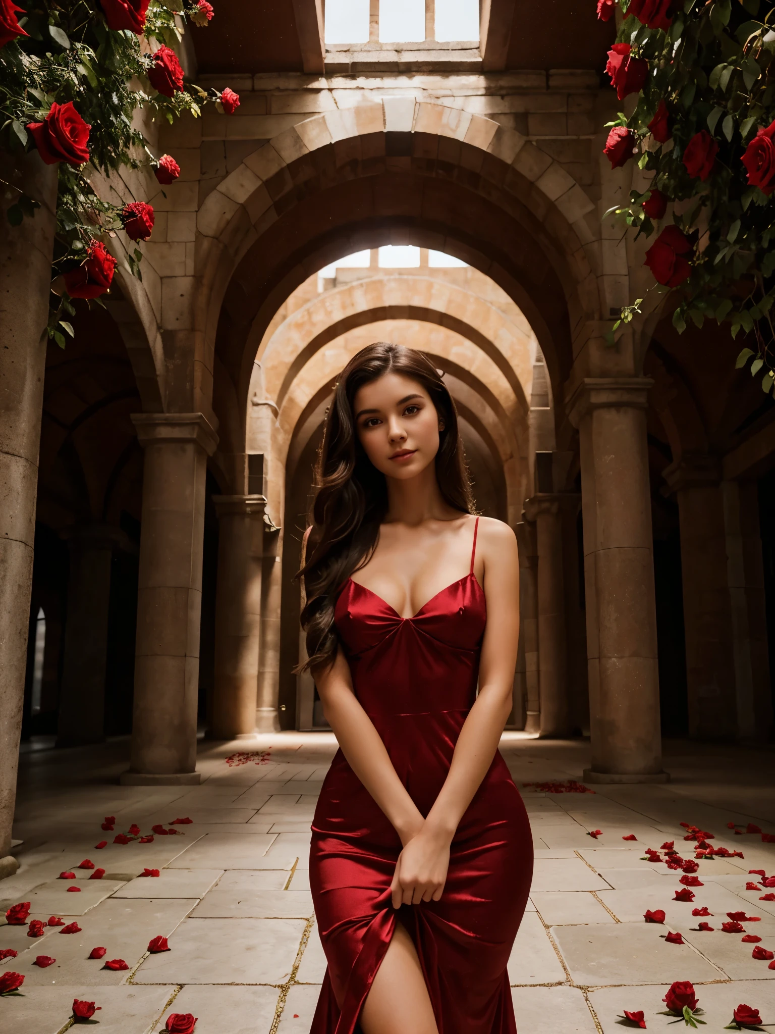 21 year old young woman with dark brown hair, attached hairstyle, wear a silk red stylish mermaid dress, she is standing under a big arche inside a building with red roses background for valentine, valentine day, photography of the year, small hips, large size chest, 32k hud