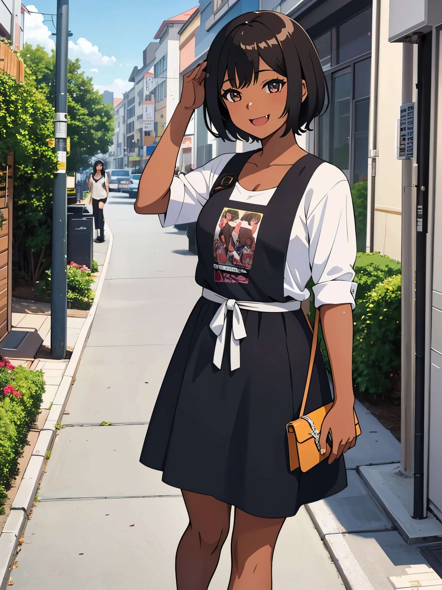 Obra maestra, la mejor calidad, Anime illustration of a girl with short hair and dark brown skin who has a long fang coming out of her mouth while smiling sweetly, she wears a casual dress and is on a street 