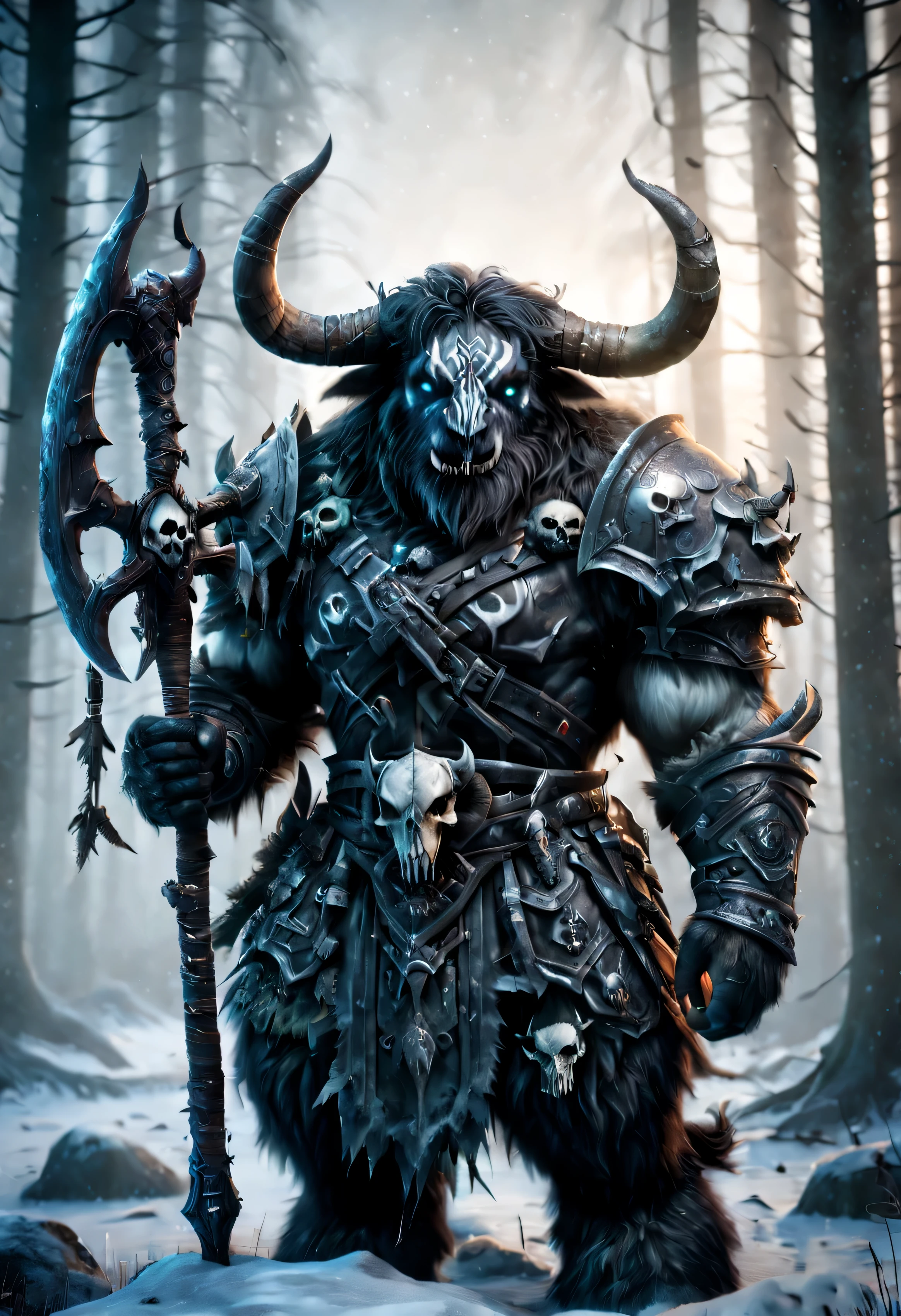 tauren, tauren death knight, death knight outfit, heavy armor with skulls, heavy armor, dark themed, holding sword in front of his body, war paint on his face, big horns, standing in frozen swampy background high saturation