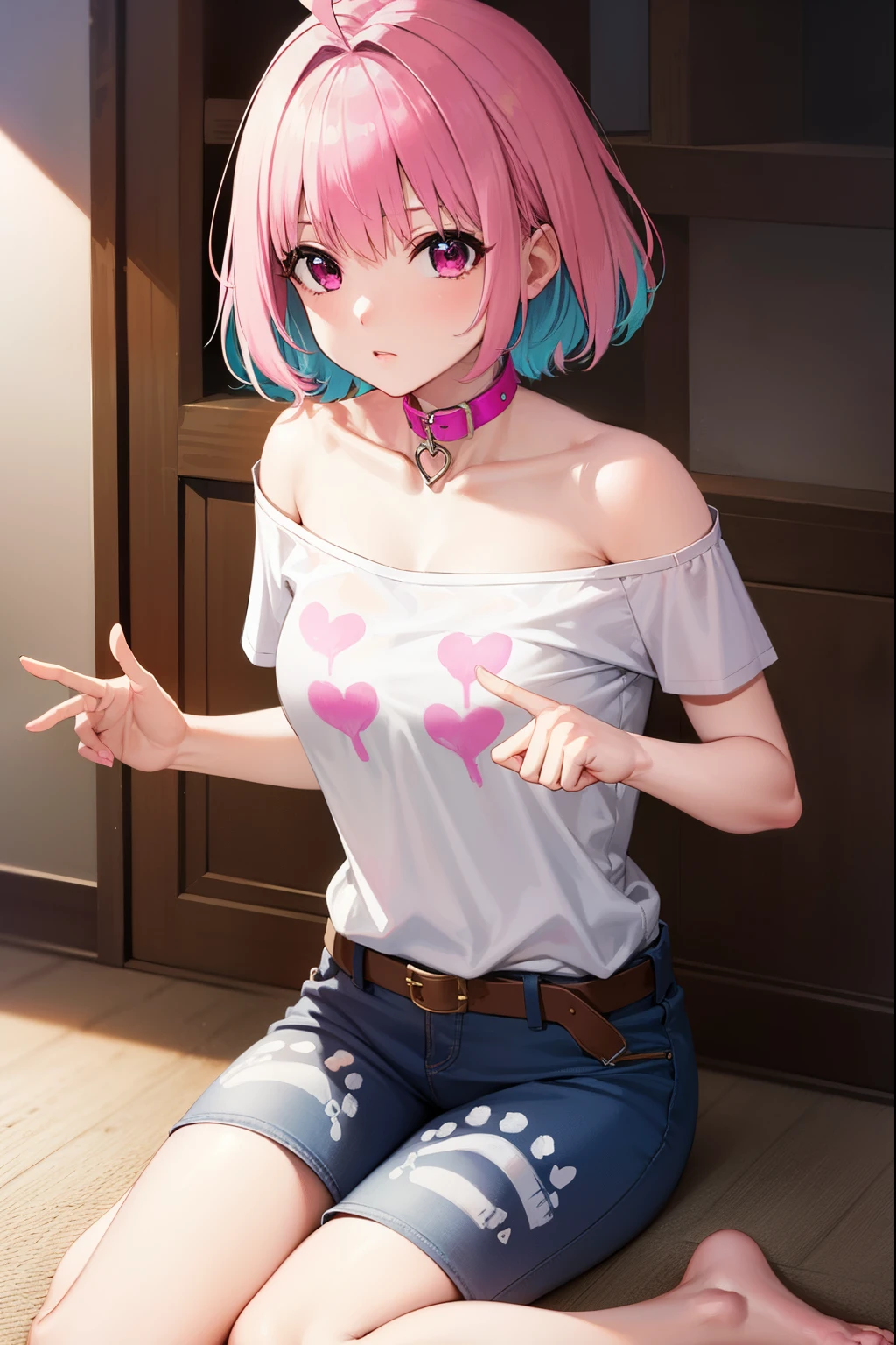 riamuyumemi, riamu yumemi, ahoge, blue hair, hair intakes, multicolored hair, (pink eyes:1.5), pink hair, short hair, two-tone hair,
BREAK (bone print:1.5), bare shoulders, barefoot, belt collar, choker, collarbone, heart, heart collar, heart-shaped lock, jewelry, off shoulder, pink choker, pink collar, ring, shirt, short sleeves, t-shirt,
BREAK looking at viewer, full body,
BREAK indoors,
BREAK (masterpiece:1.2), best quality, high resolution, unity 8k wallpaper, (illustration:0.8), (beautiful detailed eyes:1.6), extremely detailed face, perfect lighting, extremely detailed CG, (perfect hands, perfect anatomy),