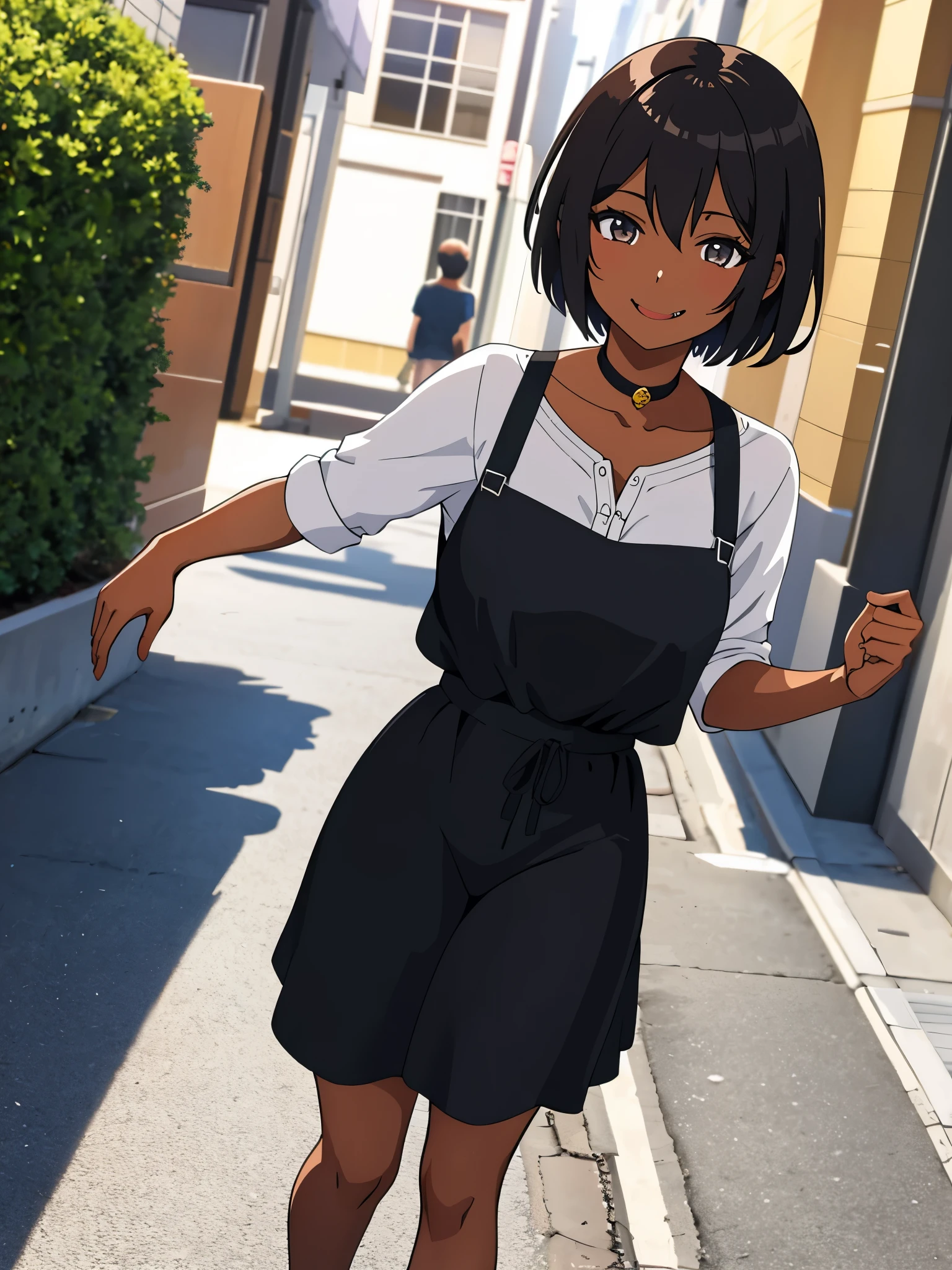 Obra maestra, la mejor calidad, Anime illustration of a girl with short hair and dark brown skin who has a long fang coming out of her mouth while smiling sweetly, she wears a casual dress and is on a street 