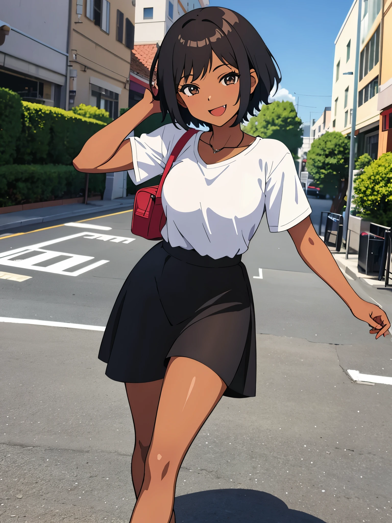 Obra maestra, la mejor calidad, Anime illustration of a girl with short hair and dark brown skin who has a long fang coming out of her mouth while smiling sweetly, she wears a casual dress and is on a street 