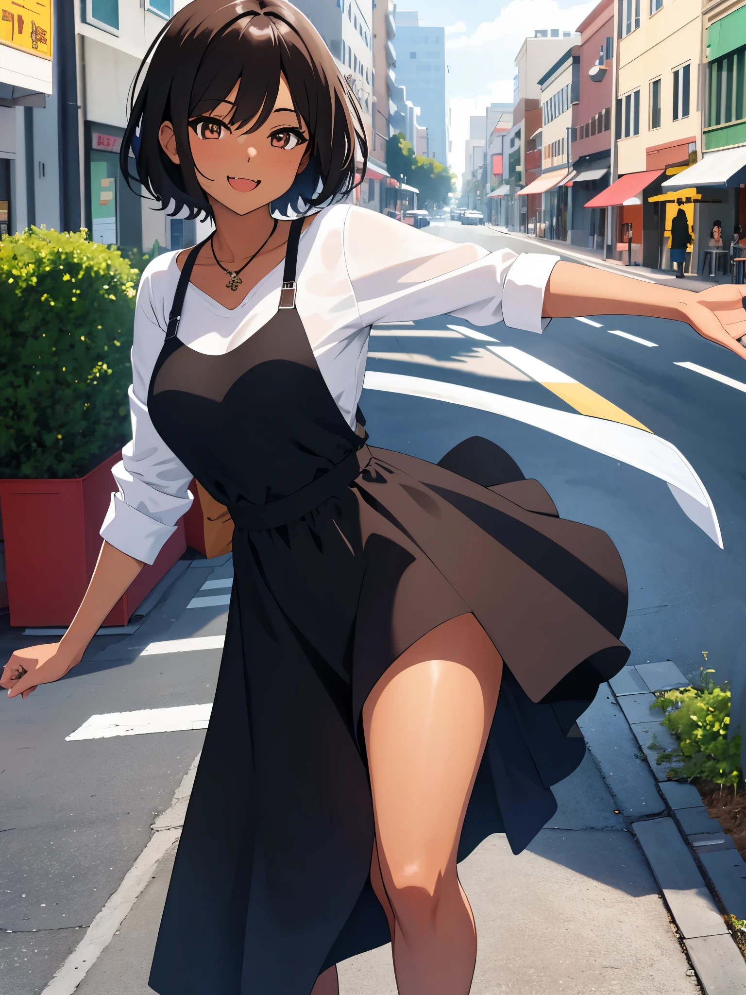 Obra maestra, ultra alta calidad, Anime illustration of a girl with short hair and dark brown skin who has a long fang coming out of her mouth while smiling sweetly, she wears a casual dress and is on a street 