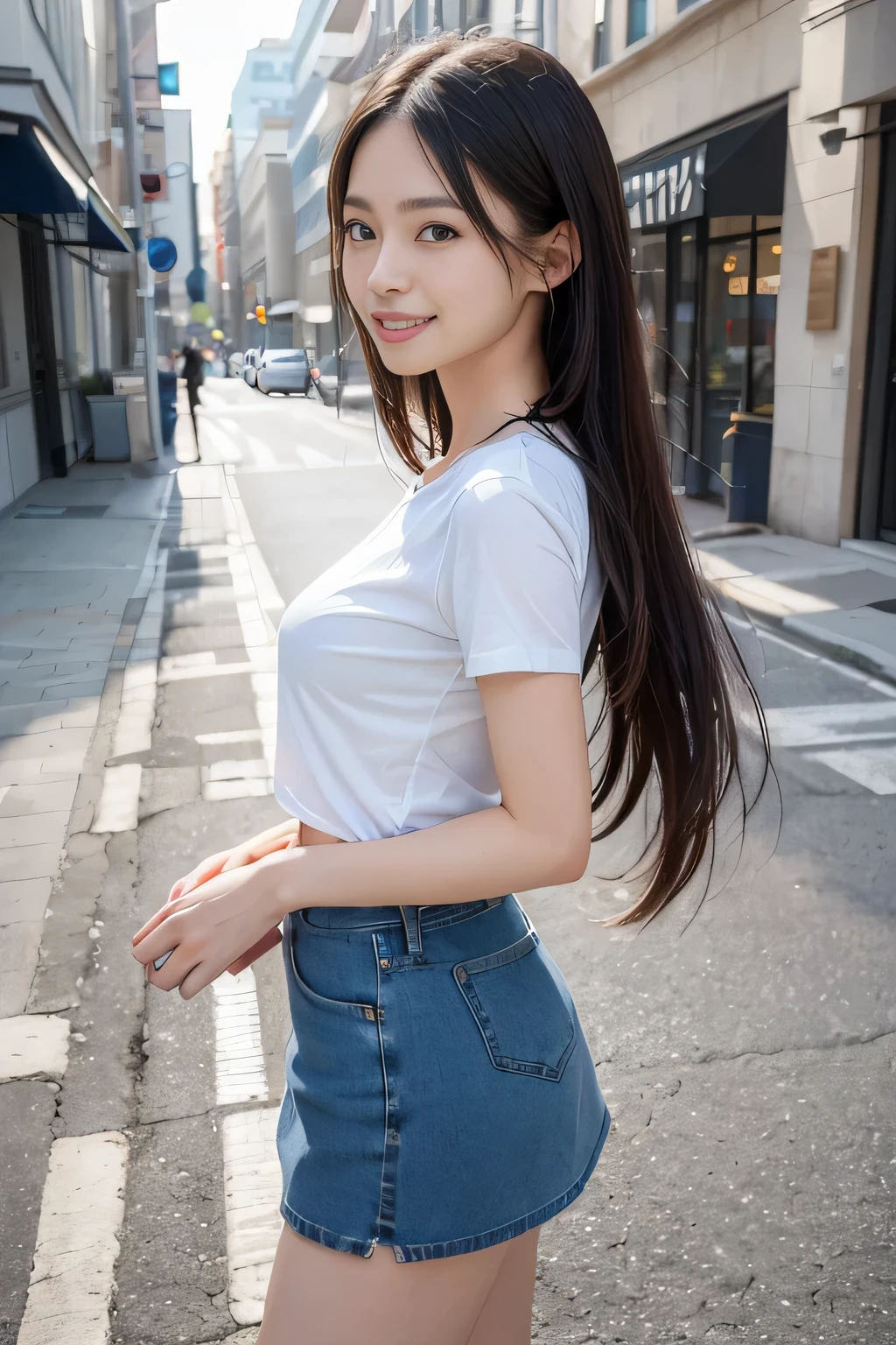 (8K,RAW photo、RAW photo、highest quality、master masterpiece:1.2)、Super detailed、super resolution、(Photoreal:1.3)、((Cowboy shot in the side:1.4))、Clearly draw shades of light、High resolution RAW color photos、professional photos、((On the sidewalk at midday:1.4))、((smile))、I draw it faithfully to the anatomy...、((slim woman:1.4))、very detailed and beautiful、super high quality、((Woman with long straight hair:1.4))、beautiful girl、((Woman in white short sleeve T-shirt:1.4))、((A woman wearing a denim miniskirt that emphasizes her thighs.:1.4))、((smile:1.4)、Upper body、