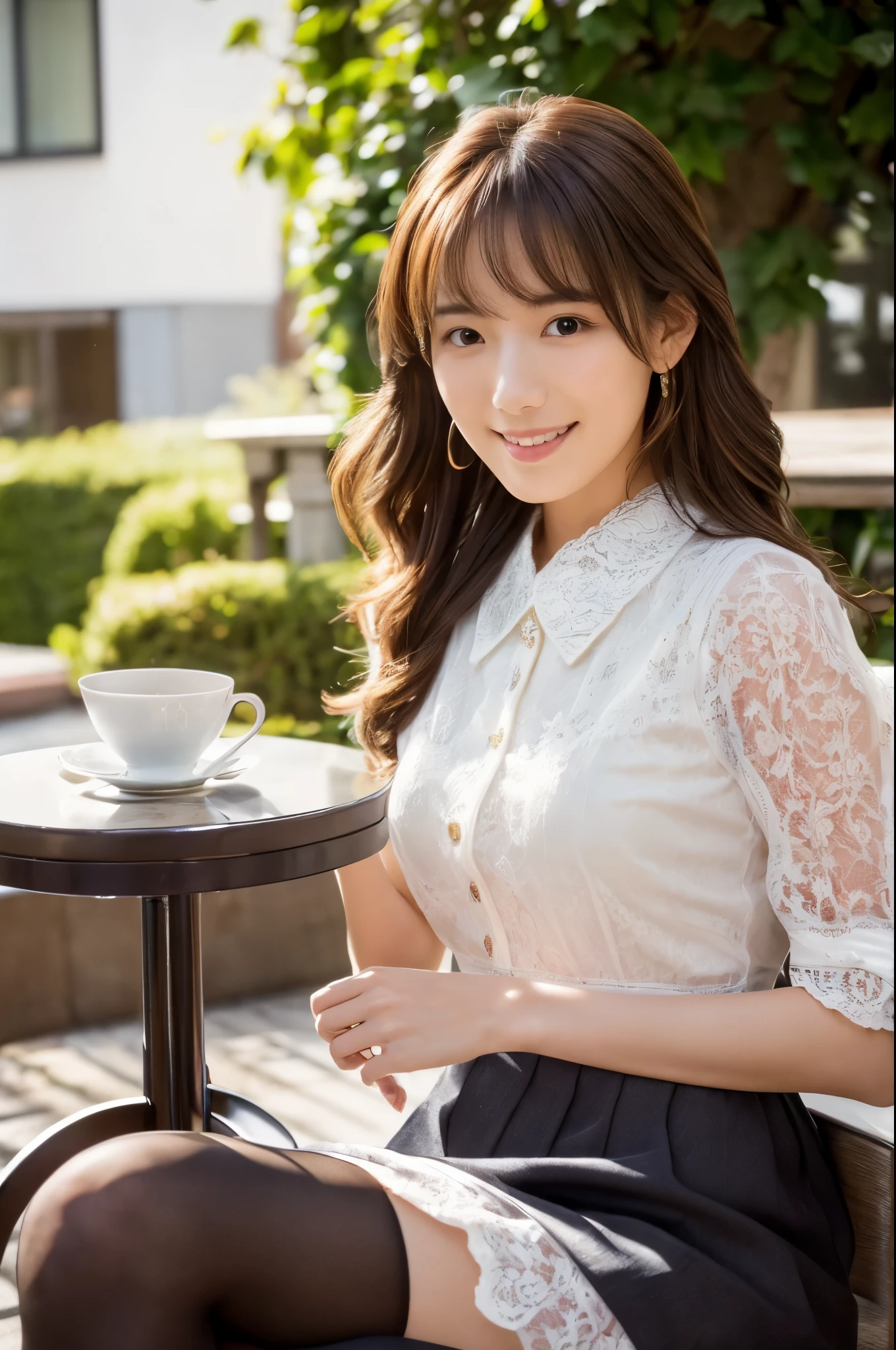 (8k, best qualtiy, Mastering：1.2), (realisticlying, photo-realistic：1.37), ultra-detail, 1 girl in, Skinny Japanese woman, looking at viewer, Black stockings, adolable, Beautiful detailed sky, Meticulous café, Sit at the table for afternoon tea, full bodyesbian, (smile：1.15), Keep one's mouth shut, Small chests, Lace tight top, Shoulders exposed, Beautiful exquisite eyes, (collared shirt：1.1), In the daytime, rays of sunshine, white lace chemise, (long wavy hair：1.4), shoulder-length hair, brown hair, white skinned, cinematic lightning, lamplight, the street lights, (The sexiest actress： 1.4), fully body photo, (tea table：1), (carrying bag： 1), long leges, high-heels, 