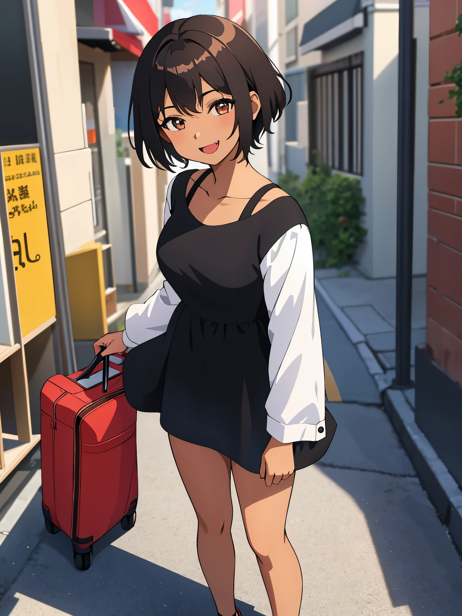 Obra maestra, ultra alta calidad, Anime illustration of a girl with short hair and dark brown skin who has a long fang coming out of her mouth while smiling sweetly, she wears a casual dress and is on a street 