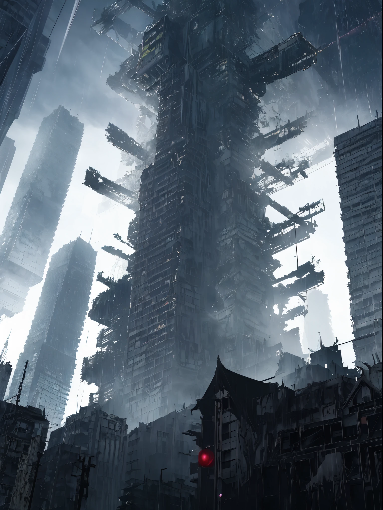 anime style destroyed city landscape, an elven diagonal tower fell into tokyo, dark embient, covered in a dark mist, cloudy sky with lighting and thunder,