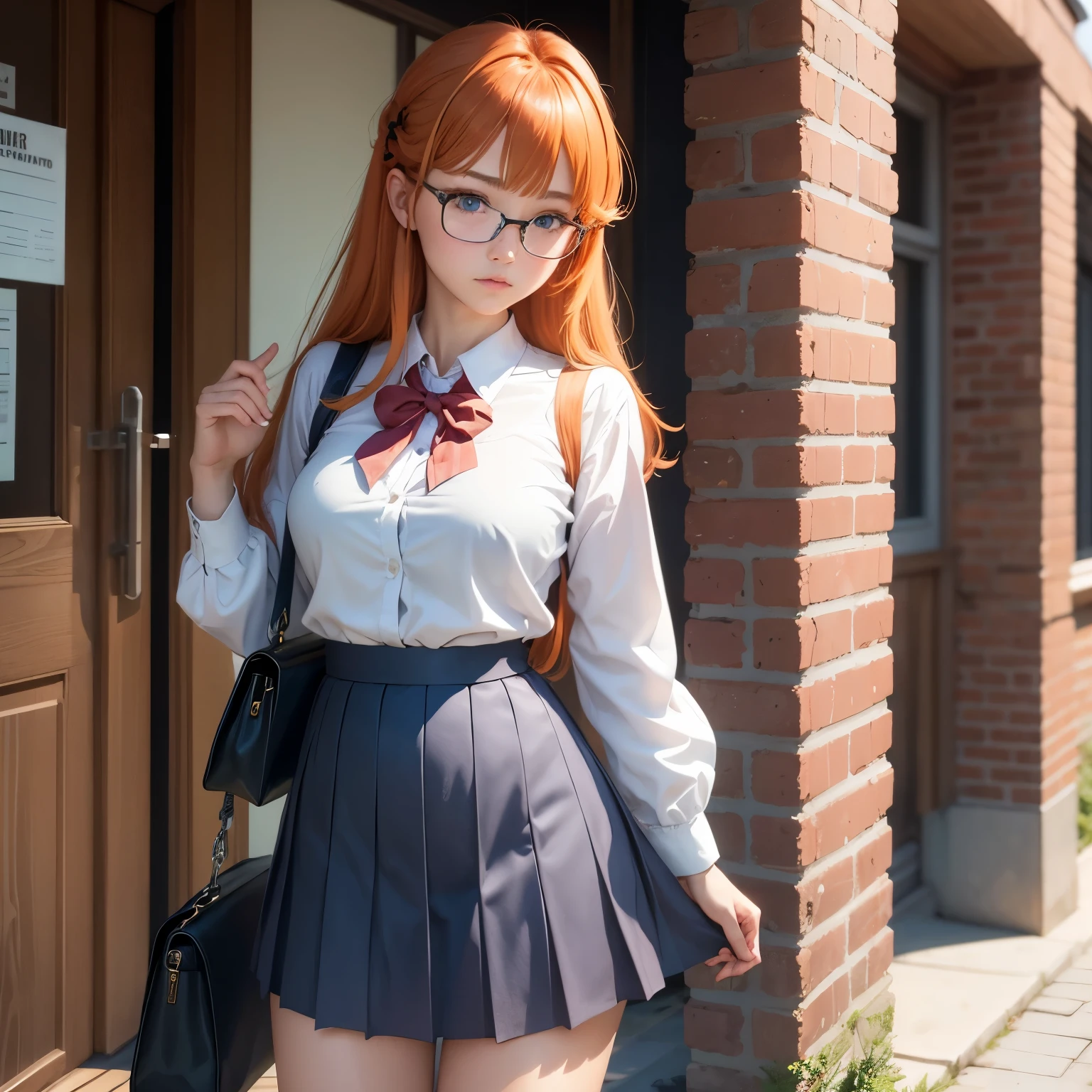 8k, masterpiece, best quality, realistic, higly detailed, cowboy shot, 1girl, solo, Itsuki Nakano, serious looking girl, medium-length hair, expressive ahoge, reddish-orange hair colour, a pair of star-shaped hairpins near both of her eyes, dark blue eyes, average height, well-endowed figure, wears glasses, cute, school uniform, handbag