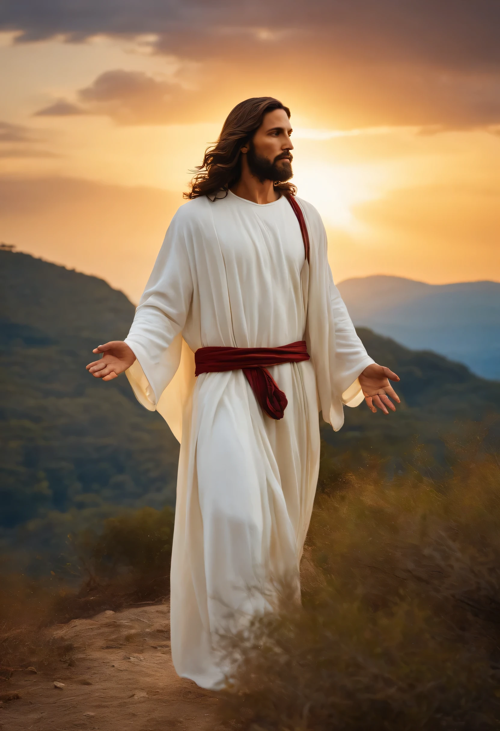 jesus christ in white tunic, azul e vermelha em uma montanha durante o dia