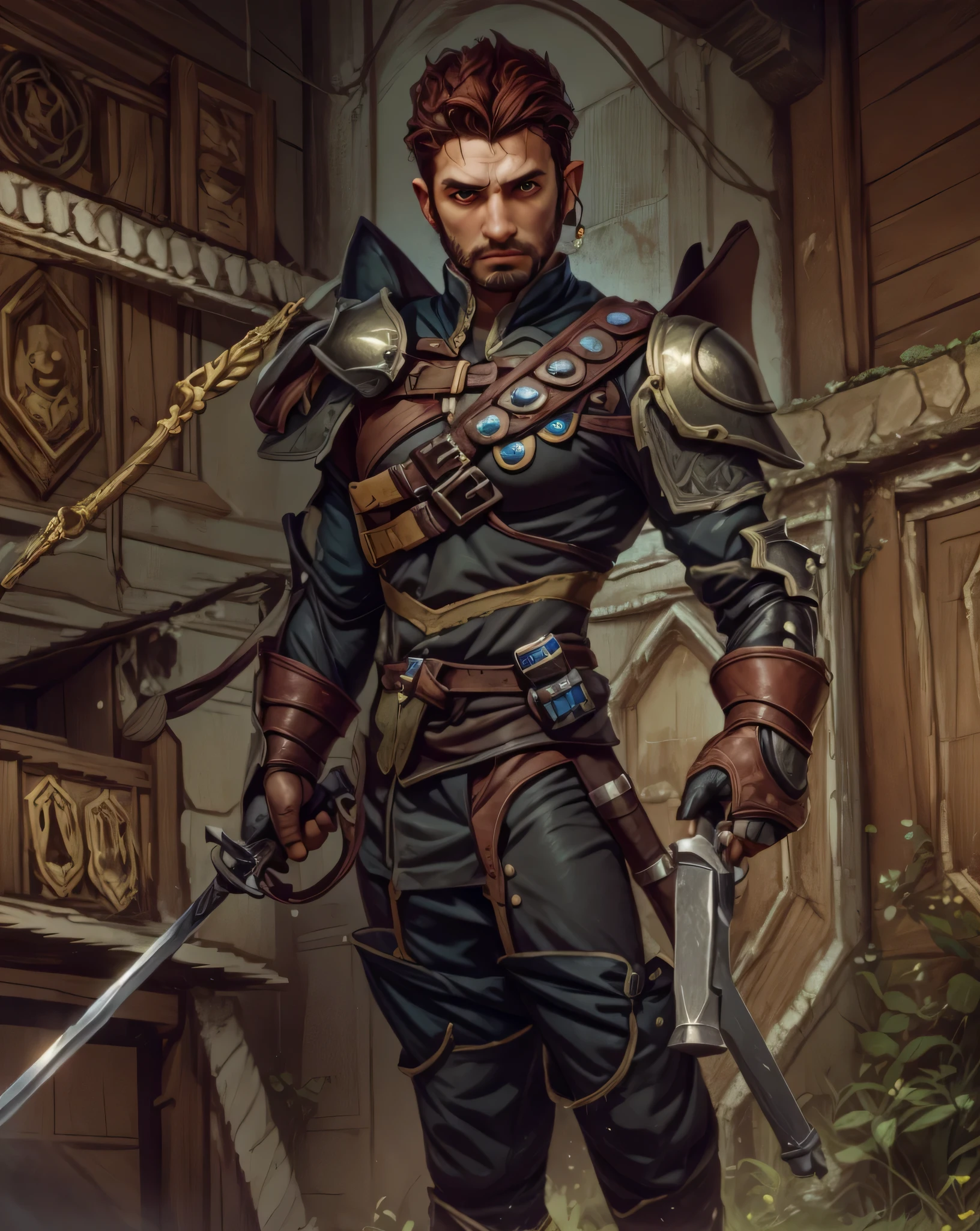 there is a man with a sword and a helmet standing in front of a castle, male artificer, rpg character avatar, portrait of a male hydromancer, a human male paladin, male rogue, picture of a male cleric, male elf ranger, cyborg nobleman, epic rpg portrait, arsen lupin as a paladin, black and reddish color armor